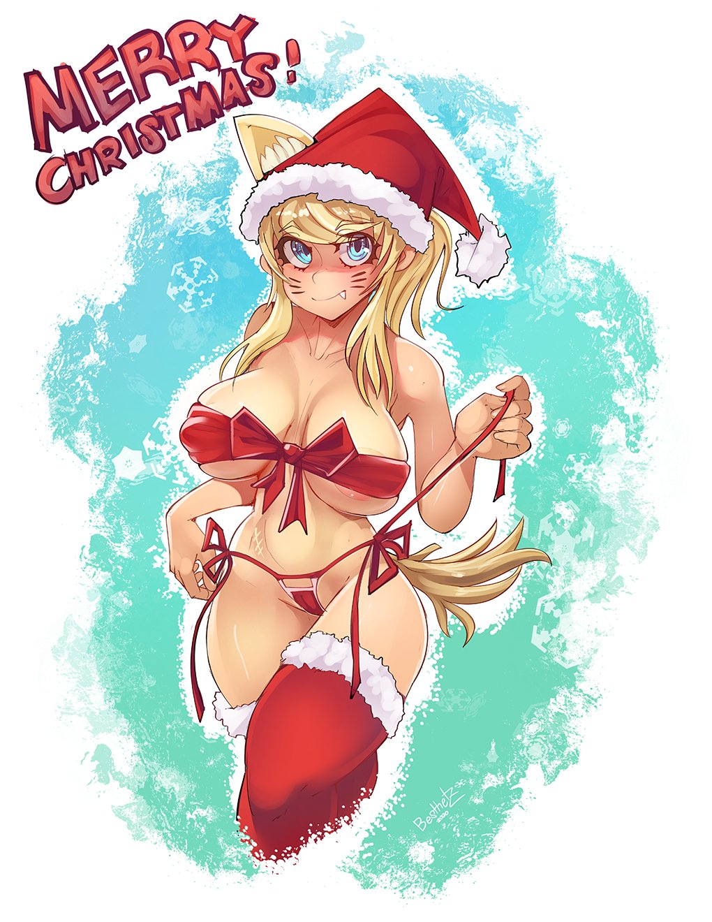 2020 alternate_breast_size alternate_costume alternate_headwear alternate_legwear animal_ear_fluff animal_ears areola_slip areolae artist_name bandeau bangs besthetz bikini bikini_top blonde_hair blue_background blue_eyes bow bow_bikini breasts cameltoe christmas closed_mouth covered_erect_nipples cropped_legs dated english_text extra_ears eyebrows_visible_through_hair eyes_visible_through_hair facial_mark fang_out female female hat highres holding holding_string huge_breasts large_breasts liru long_hair maebari merry_christmas oerba_yun_fang ponytail red_bow red_legwear renkin_san-kyuu_magical_pokaan santa_hat scar scar_on_stomach shaded_face sidelocks smile snowflake_background snowflakes solo standing string swimsuit tail thighhighs thighs two-tone_background underboob werewolf whisker_markings white_background wolf_ears wolf_girl