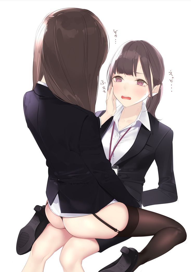 2d_(artwork) 2girls amamitsuki arms_behind_back assertive black_garter_straps black_high_heels black_jacket black_leggings black_legwear black_panties black_thighhighs black_thong blouse blush bondage brown_eyes brown_hair caressing_cheek caressing_face collared_blouse collared_shirt crying_with_eyes_open fair-skinned_female fair_skin female female/female female_only femdom femsub formal garter_straps happy_female heels hi_res high_heels horny_female id_card imminent_kiss imminent_sex jacket lanyard lingerie long_hair medium_hair multiple_girls no_pants office_lady original original_characters pale-skinned_female pale_skin panties panty_peek pencil_skirt ponytail pumps shirt simple_background skinny_female skirt_removed skirt_suit small_ass small_breasts stockings straddling straddling_lap submissive submissive_female suit thighhighs thin_female thong white_background white_shirt yuri