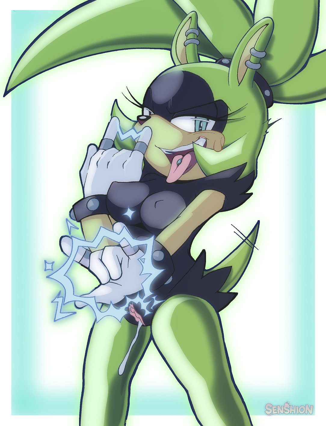 1girls, 2d, anthro, black fur, electricity, female, female only, furry, green fur, hi res, idw comics, idw publishing, mammal, mobian, mobian (species), mobian tenrec, pierced ears, piercing, piercings, pink pussy, pussy, pussy juice, pussy juice trail, sega, senshion, solo, solo female, sonic (series), sonic the hedgehog (comics), sonic the hedgehog (idw), sonic the hedgehog (series), surge the tenrec, tail, tongue, tongue out, two-tone fur, vagina