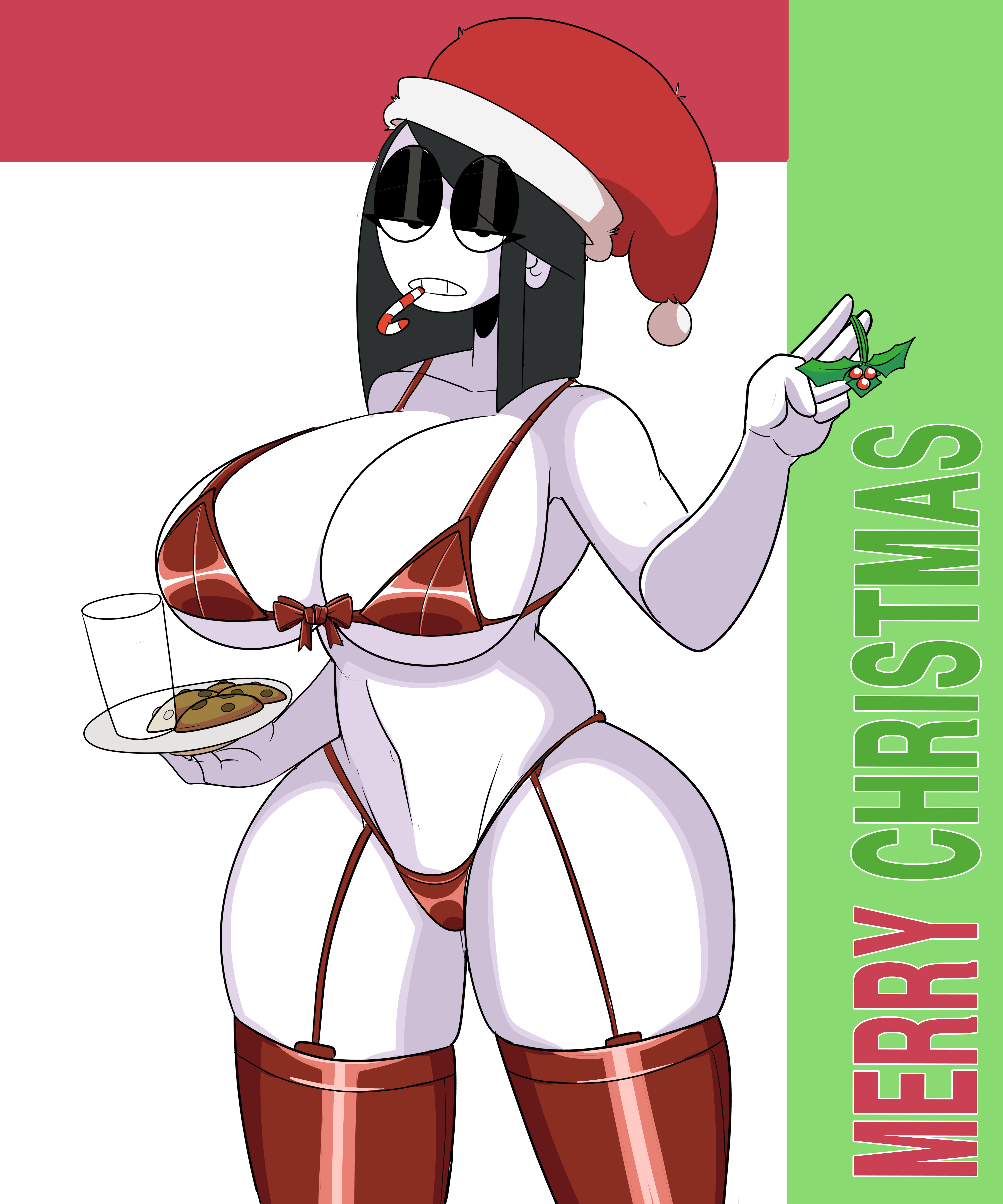 big breasts, black hair, bra, breasts, candy cane, christmas, cookies, female, goth, looking at viewer, merry christmas, milk, mistletoe, panties, red bra, red panties, saltynoodles, santa hat, stockings, veronica (saltynoodles), white skin