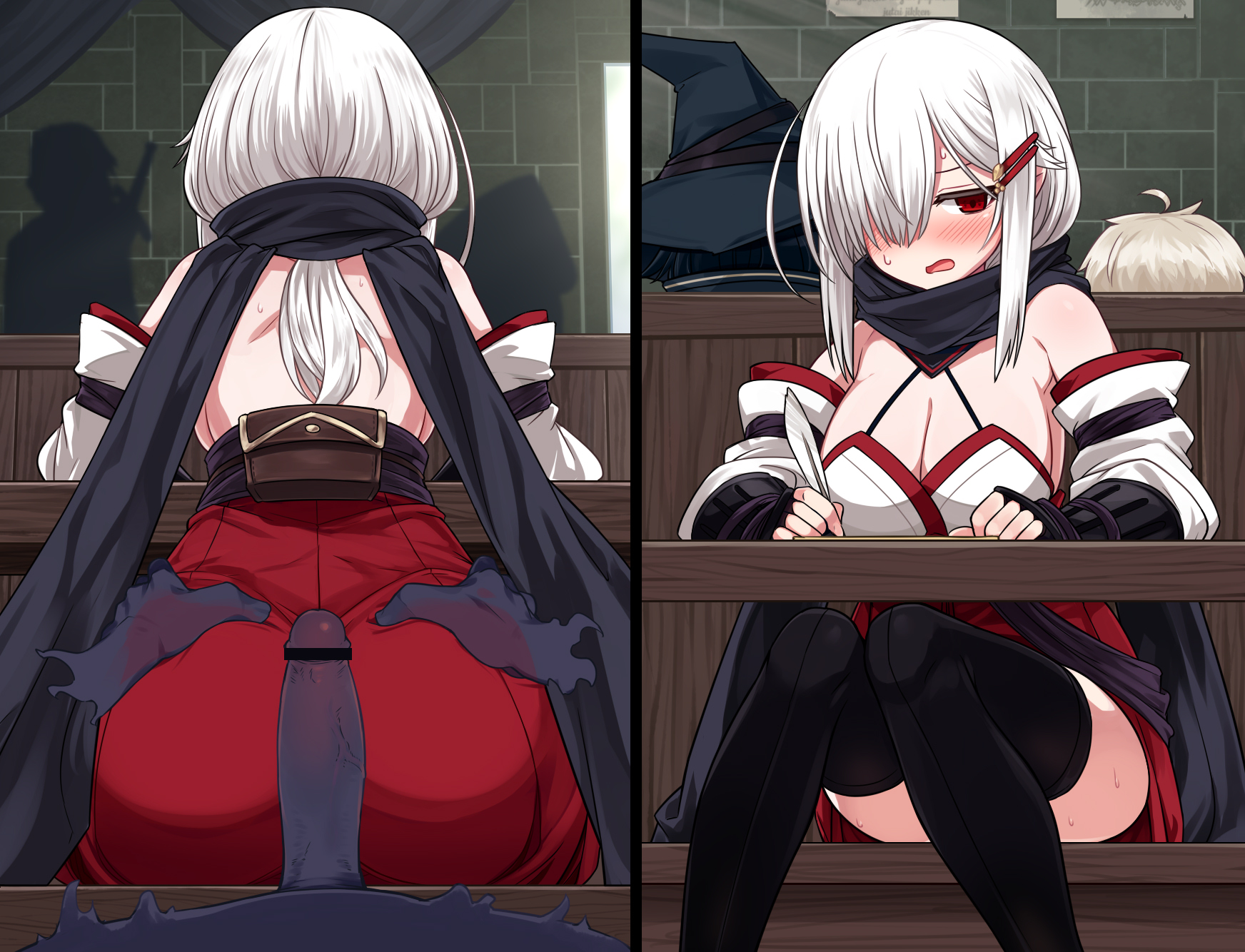 ass, ass grab, bar censor, black footwear, blush, boots, breasts, censored, cleavage, detached sleeves, female, ghost, hair ornament, hair over one eye, hairclip, highres, japanese clothes, large breasts, male, null (nyanpyoun), original, penis, pointy ears, quill, red eyes, red skirt, scarf, silver hair, sitting, skirt, sweat, table, thigh boots, thighhighs