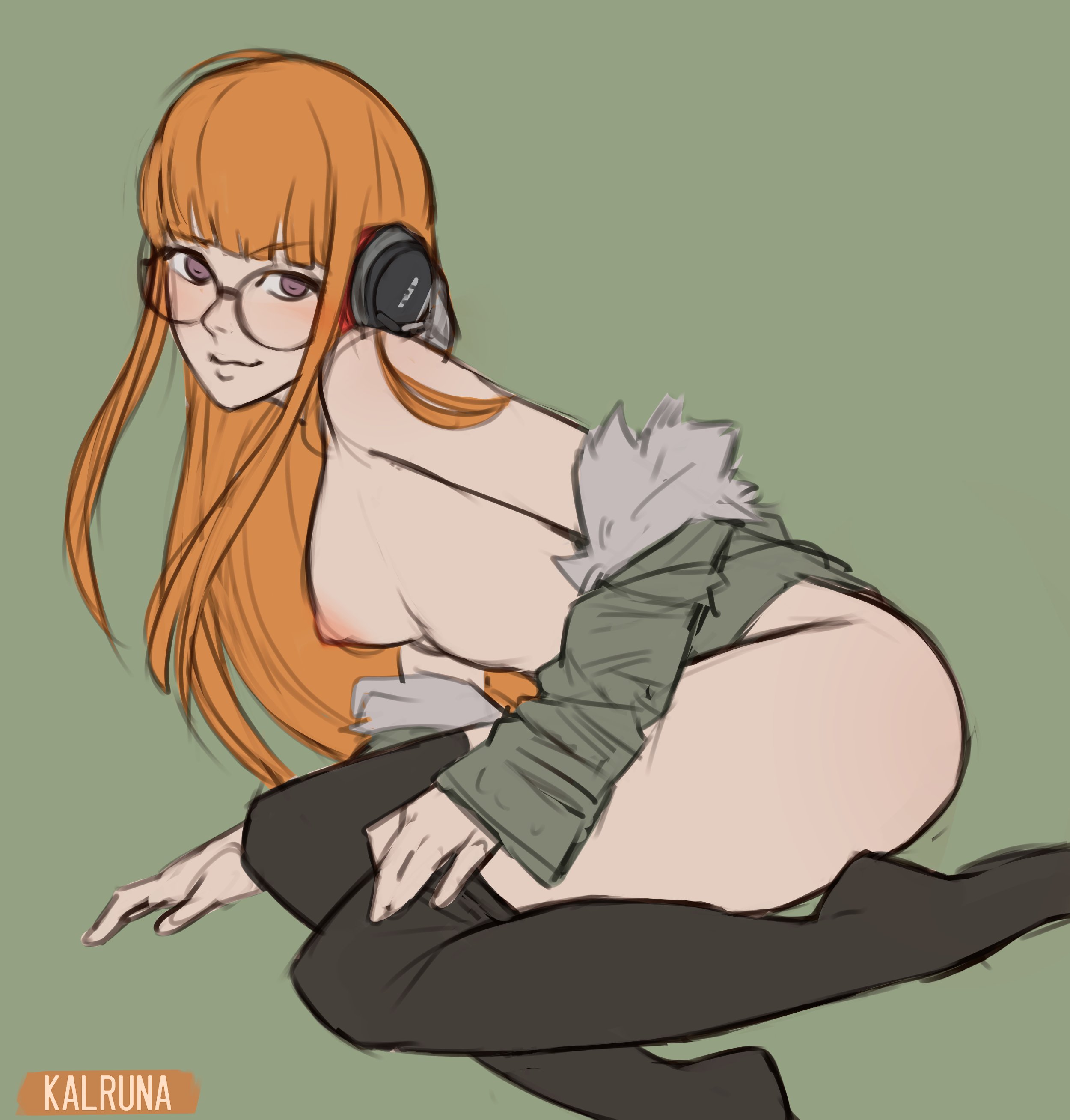 atlus, breasts, female, glasses, kalruna, naked, nude, orange hair, persona, persona 5, sakura futaba, sideboob, solo, tagme, thighhighs