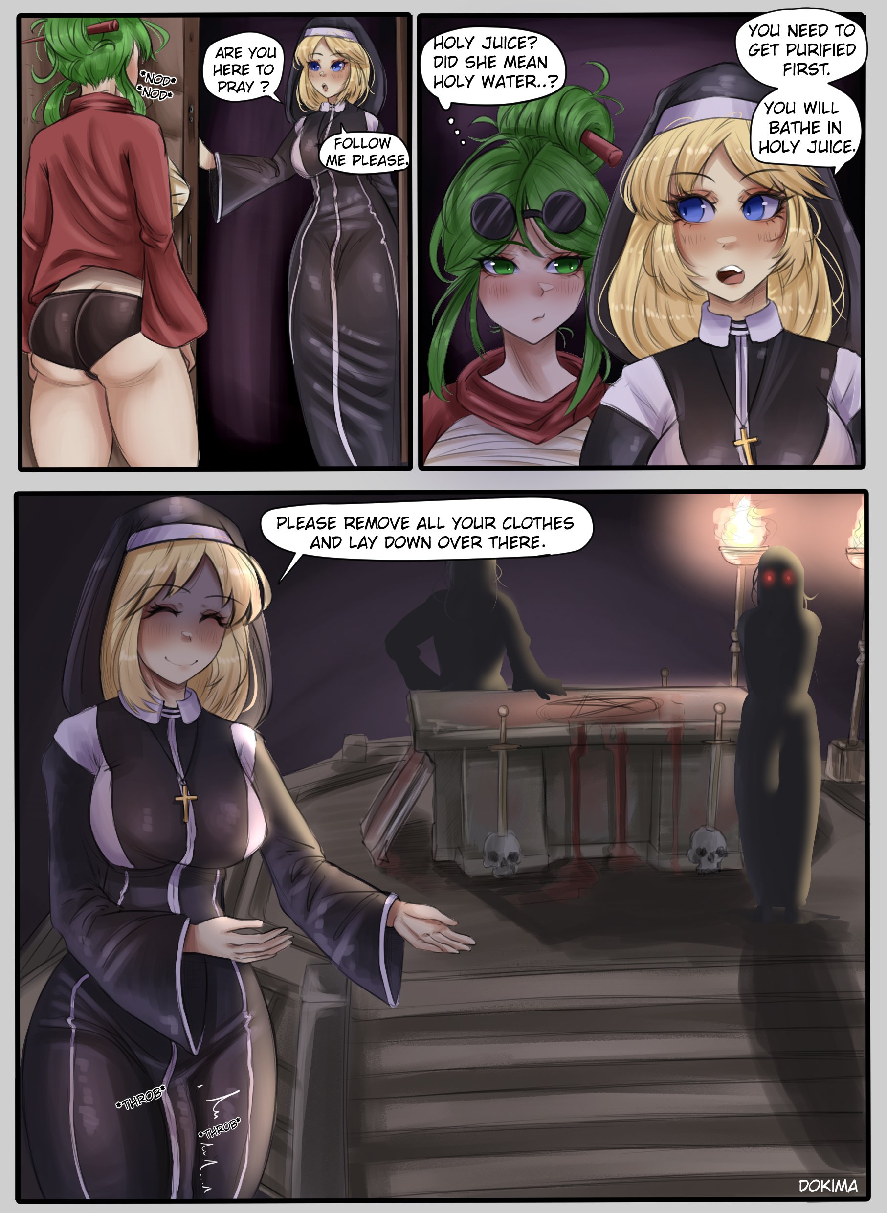 1girls, 2futas, ass, blonde hair, breasts, bulge, closed eyes, clothed, clothing, dokima, erection, erection under clothes, female, fully clothed, futanari, green hair, human, intersex, light skin, light-skinned futa, long hair, nun, nun's habit, original, pale skin, penis, penis bulge, red hair, shorts, speech bubble, standing, text, thick thighs, thighs, throbbing penis, tight clothing