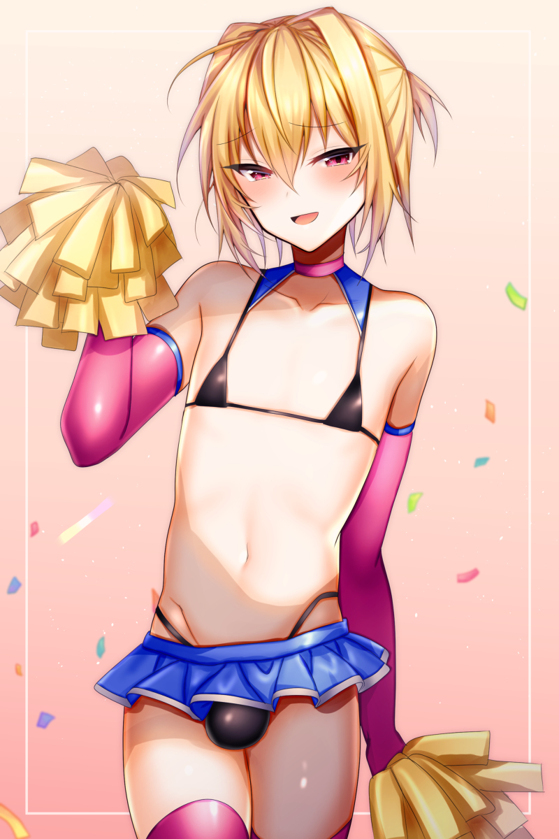 1boy, 2d (artwork), armwear, bangs, bare shoulders, bikini, bikini top, blonde hair, blush, bulge, cheerleader, crossdressing, eyebrows visible through hair, femboy, girly, legwear, looking at viewer, male, male only, microskirt, miniskirt, navel, one arm up, open mouth, pink background, pleated skirt, pom poms, red eyes, skirt, solo, solo focus, thighs, trap, uruaki