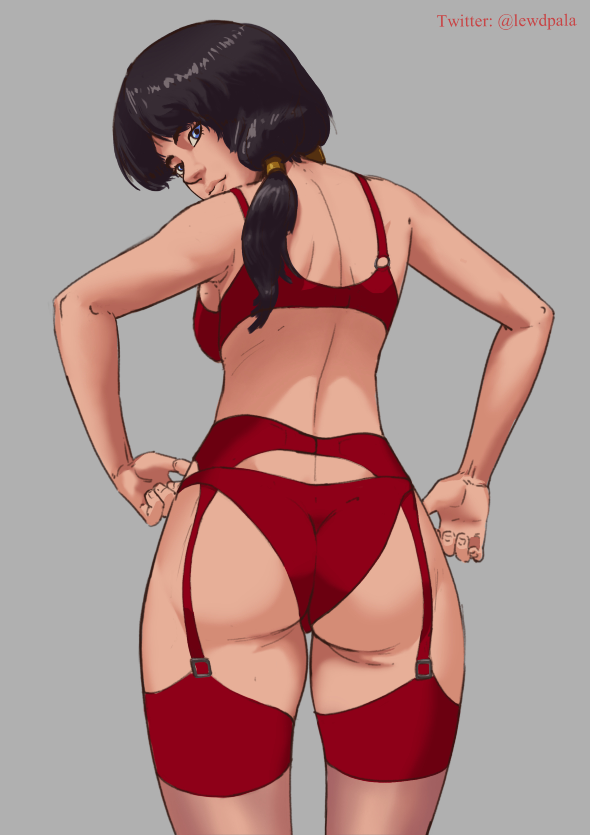 1girls, 2d (artwork), ass, back, black hair, blue eyes, dragon ball, dragon ball z, female, female only, from behind, garter belt, garter straps, lewdpala, lingerie, long hair, low twintails, red bra, red lingerie, red panties, solo, standing, thighhighs, twintails, underwear, videl