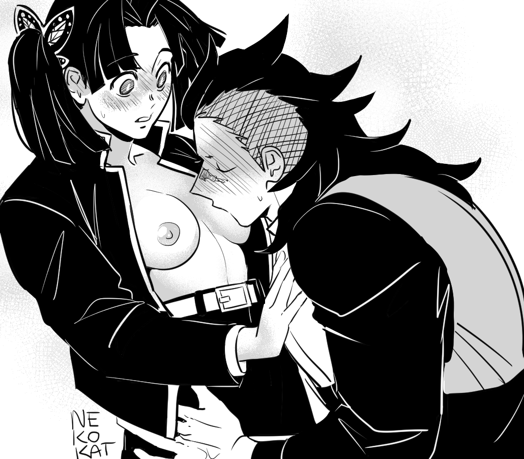 1boy 1girls blush breast_sucking breasts breasts_out demon_slayer female genya_shinazugawa kanzaki_aoi_(kimetsu_no_yaiba) kimetsu_no_yaiba long_hair_male male mohawk monochrome nekokat42 no_bra open_clothes open_shirt shaved_side small_breasts surprised_expression sweatdrop twintails uniform wide_eyed