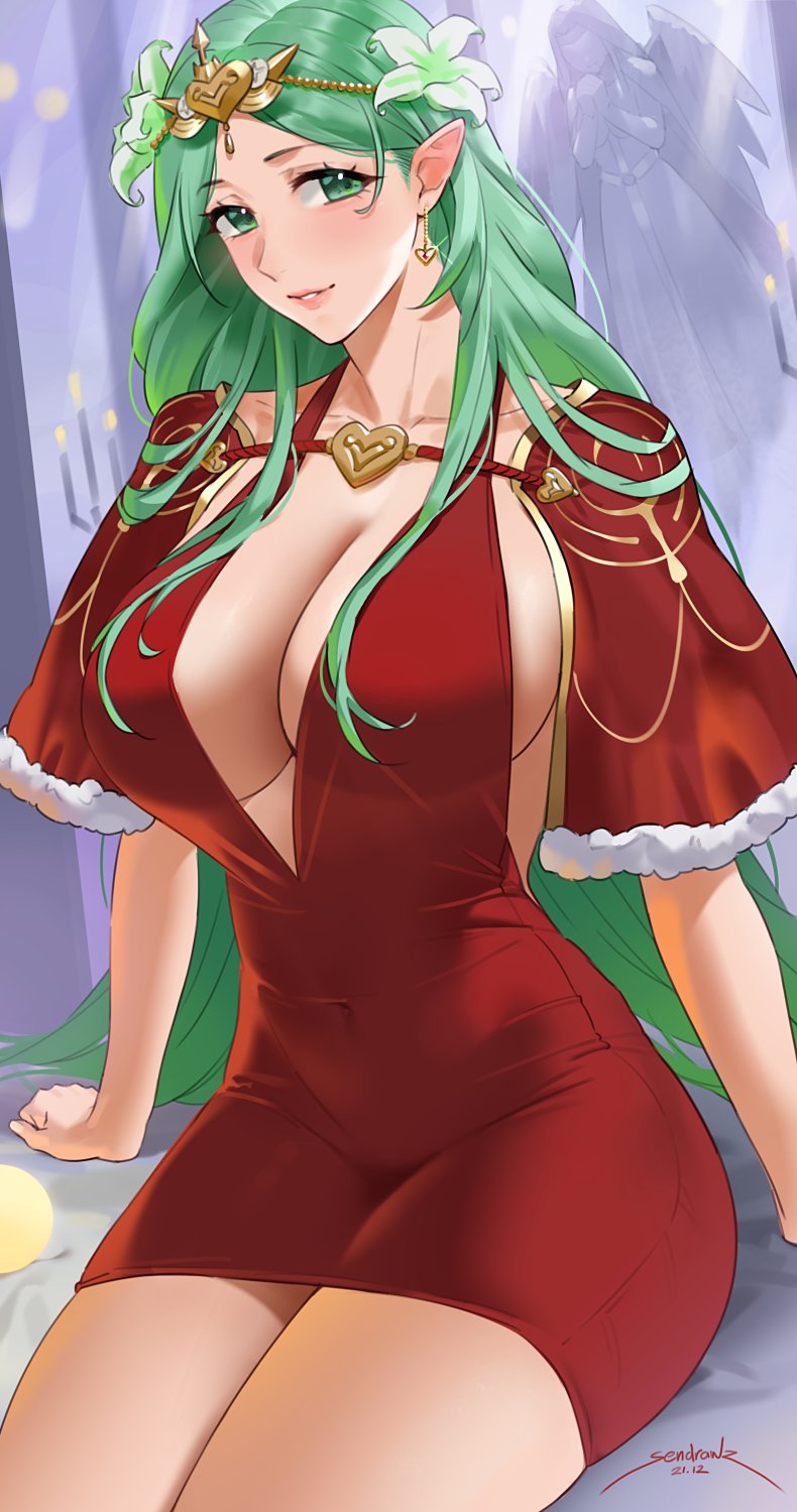 1girls alternate_costume angel_statue artist_name bare_thighs breasts capelet center_opening christmas christmas_outfit collarbone commentary covered_navel dated dress earrings english_commentary eyebrows_visible_through_hair female fire_emblem fire_emblem:_three_houses flower fur-trimmed_capelet fur_trim green_hair hair_flower hair_ornament heart heart_earrings highres huge_breasts jewelry long_hair looking_at_viewer nintendo no_bra parted_lips pointy_ears red_capelet red_dress rhea_(fire_emblem) sendrawz signature sitting sleeveless sleeveless_dress smile solo statue thighs tight_clothing tight_dress tight_fit very_long_hair