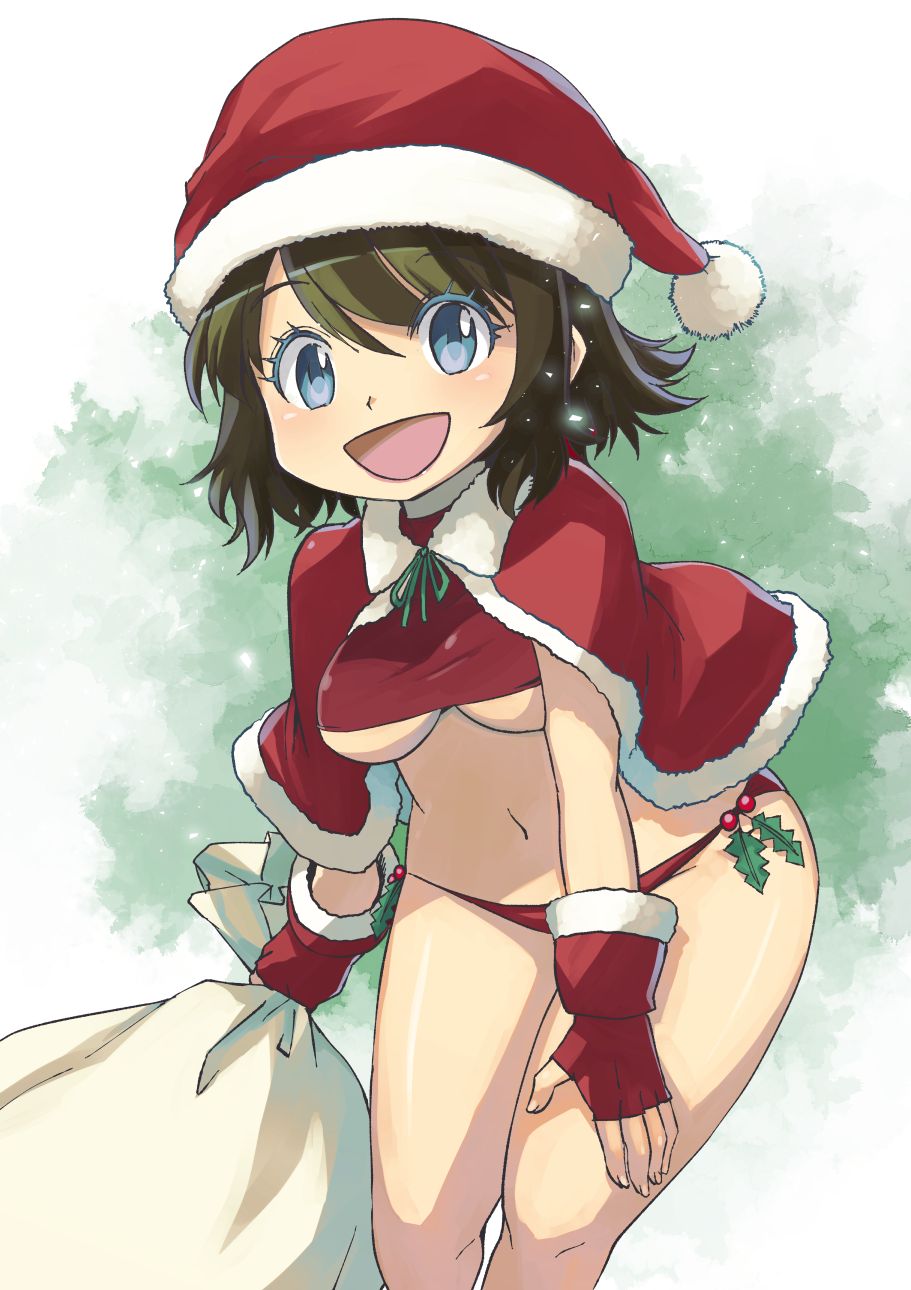 almost_naked bag belly_button blue_eyes breasts brown_hair christmas christmas_outfit cleavage clothed clothing curvy female happy looking_at_viewer muramasa_mikado murana_(muramasa_mikado) red_panties solo underboob