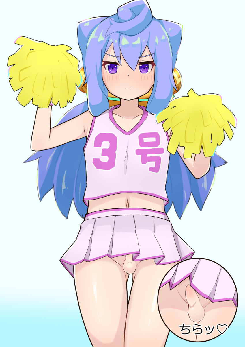 1boy amaguri arms_up balls bangs blue_hair blush crossdressing erection eyebrows_visible_through_hair femboy girly gradient_background hacka_doll hacka_doll_3 long_hair looking_at_viewer male_focus male_only male_solo multiple_views navel penis pleated_skirt pom_poms purple_eyes simple_background skirt sleeveless small_penis solo standing testicles thighs trap