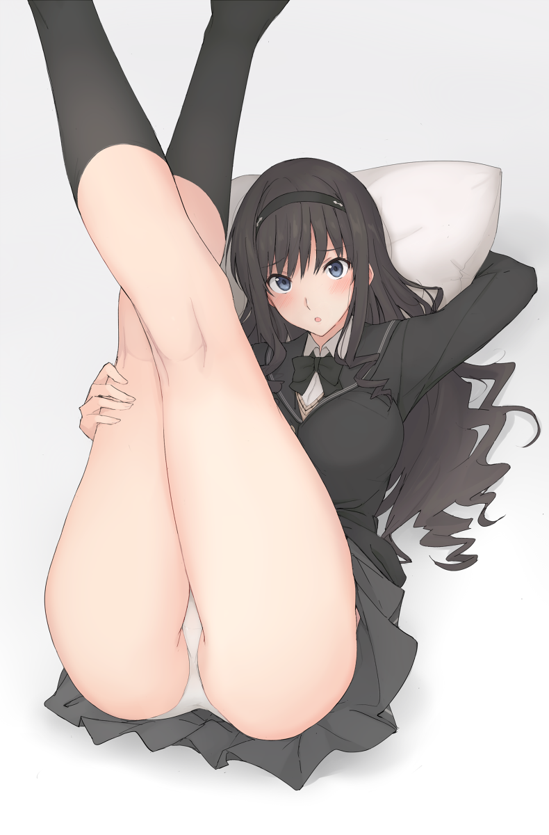 2d_(artwork) :o amagami ass bare_legs black_hair black_legwear black_neckwear black_sailor_collar black_shirt black_skirt blue_eyes blush bow bowtie breasts collared_shirt feet_out_of_frame female female_only grey_background hairband hand_on_own_knee head_tilt hi_res high_resolution kneehighs large_breasts legs legs_up long_hair long_sleeves looking_at_viewer lying miniskirt mobu morishima_haruka on_back one_arm_up pantsu parted_lips pillow sailor_collar school_uniform serafuku shirt sidelocks simple_background skirt solo sweater thighs undershirt underwear uniform white_panties white_shirt white_underwear