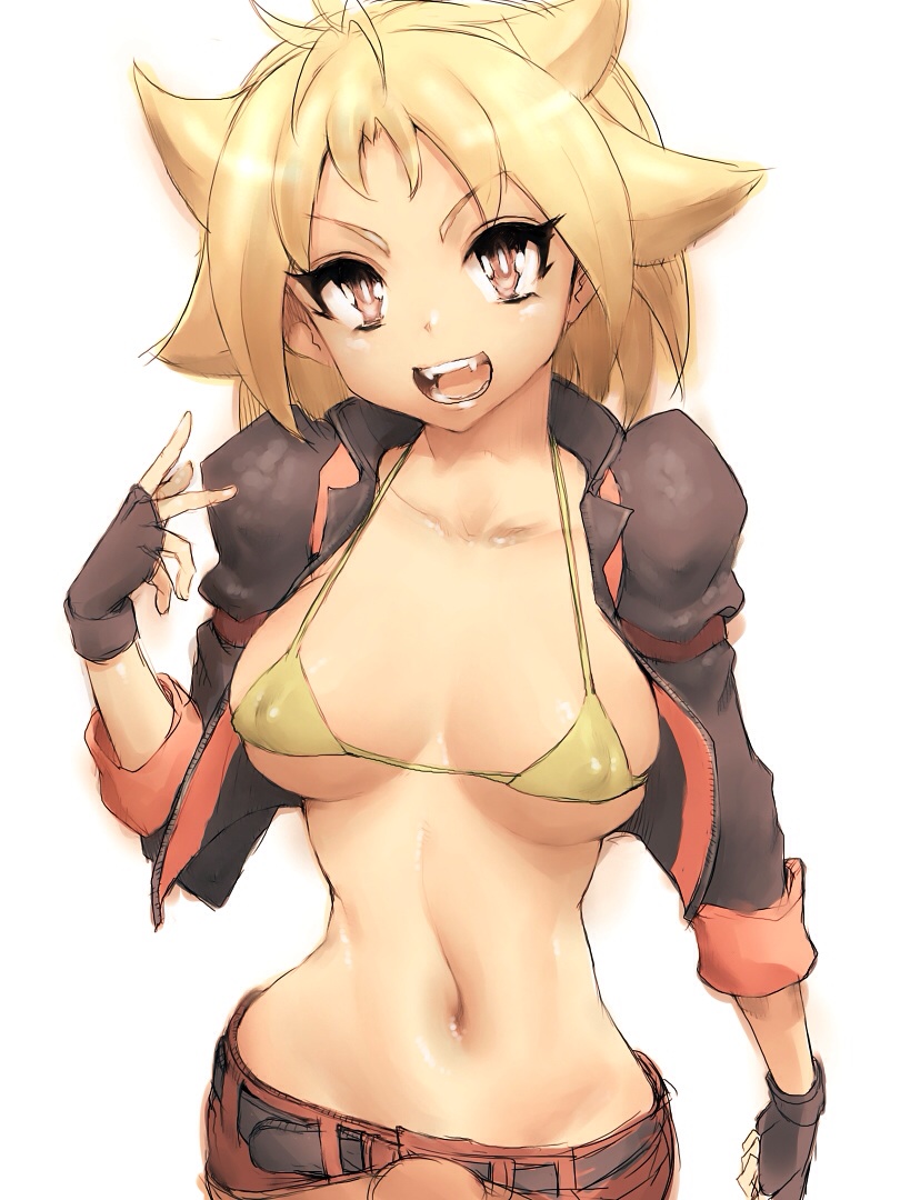 beyblade beyblade_shogun_steel bikini bikini_top blonde_hair brown_gloves colored_sketch fangs fingerless_gloves fumio_(rsqkr) gloves hourglass_figure kurenai_ren open_mouth pants sketch solo solo_female white_background yellow_bikini yellow_eyes