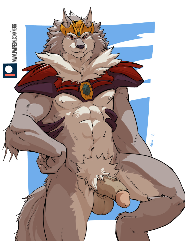 abs anthro armor balls bottomless canid canine canis clothed clothing elbow_tuft fur fur_tuft genitals glans grey_balls grey_body grey_ears grey_fur grey_penis greyfus humanoid_genitalia humanoid_penis looking_at_viewer male mammal mostly_nude navel negger nipples penis pose pubes solo tuft unconvincing_armor wild_knights_gulkeeva wolf