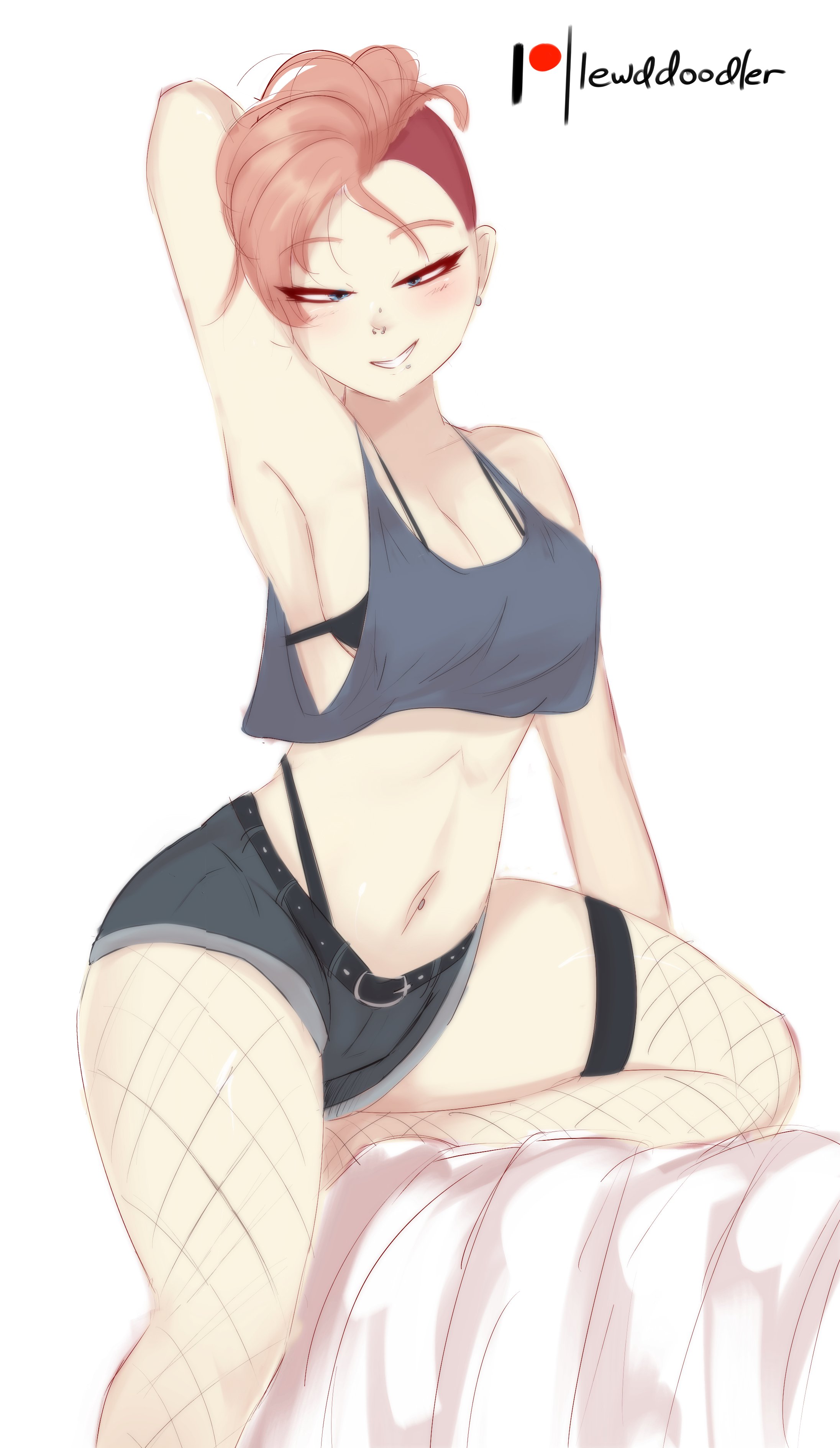 1girls, 2d (artwork), alternate hairstyle, armpits, blush, bra, breasts, doki doki literature club, eye contact, female, fishnet stockings, fully clothed, half-closed eyes, lewddoodler, looking at viewer, minishorts, pov, pov eye contact, punk girl, sayori (doki doki literature club), shorts, smile, thick thighs, thighs, thong