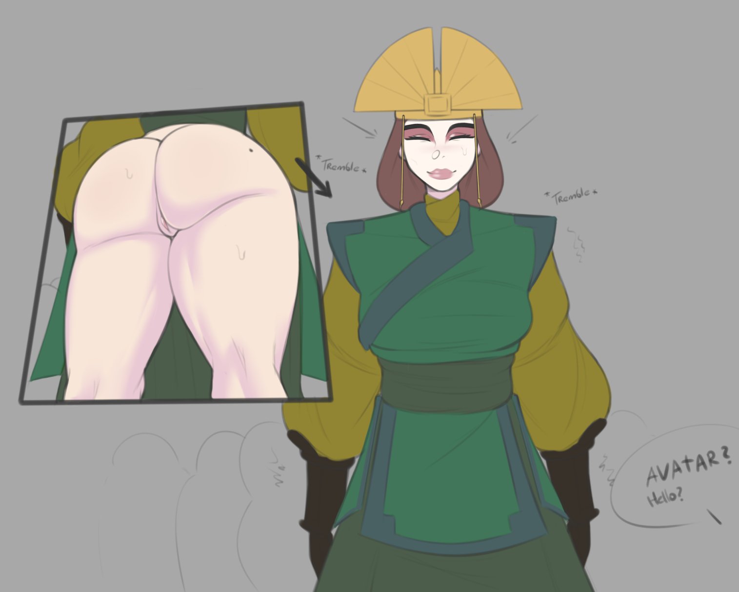1girls, ass, avatar legends, avatar the last airbender, big ass, brown hair, bubble ass, bubble butt, closed eyes, clothed, clothing, digitalhtoy, earth kingdom, english, english text, female, female focus, in heat, kyoshi, makeup, mole on ass, nickelodeon, no panties, pussy, smiling, sweaty ass, sweaty butt, the avatar, thick thighs, trembling, x-ray