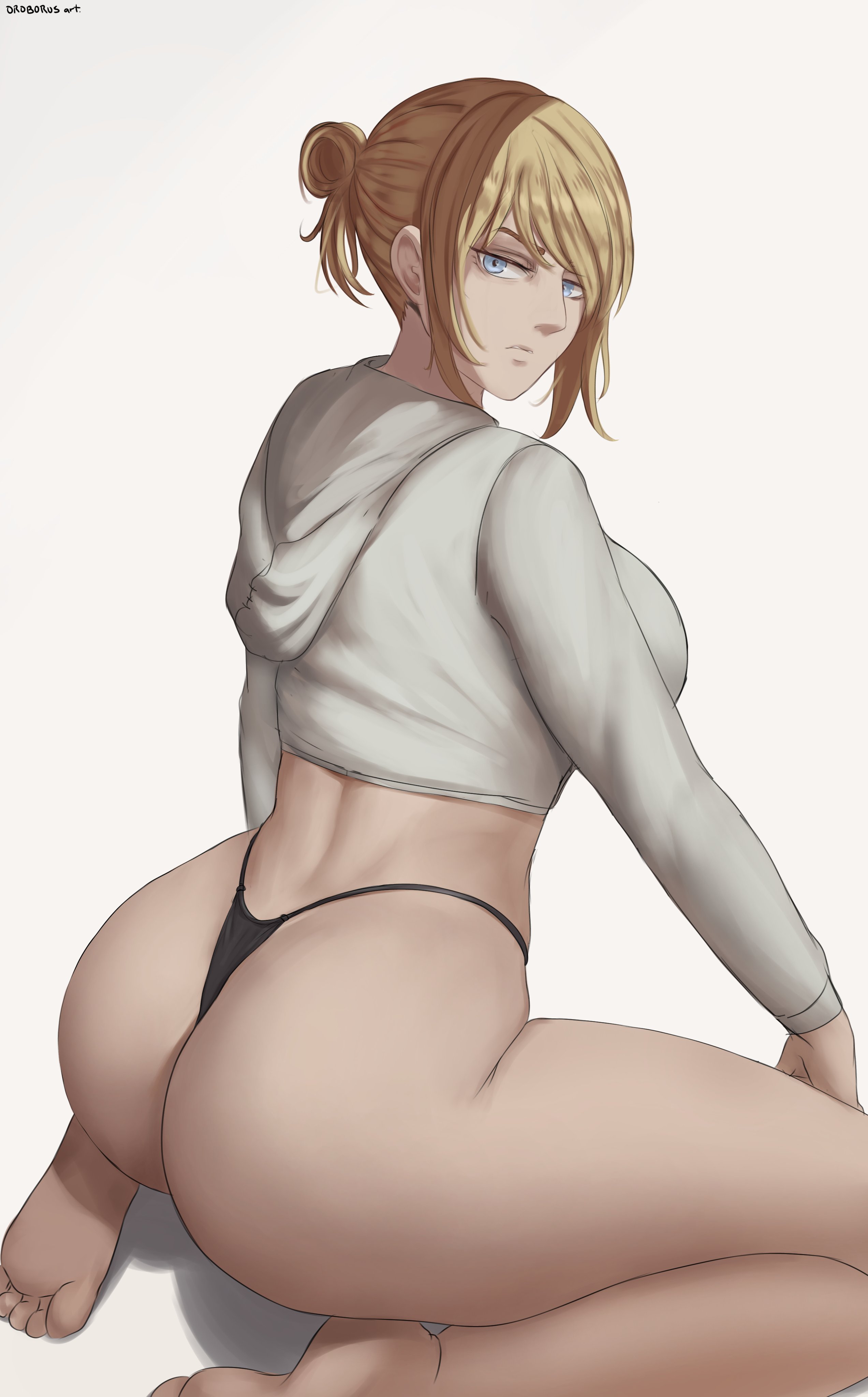 1girls, 2d (artwork), annie leonhardt, ass, attack on titan, big ass, big butt, black thong, blonde hair, blue eyes, curvy, curvy figure, fat ass, female, female only, hi res, highres, large ass, light skin, light-skinned female, looking at viewer, looking back, no pants, oroborusart, savagexthicc, shingeki no kyojin, solo, solo female, thick, thick ass, thick thighs, thong, tied hair, voluptuous, white background