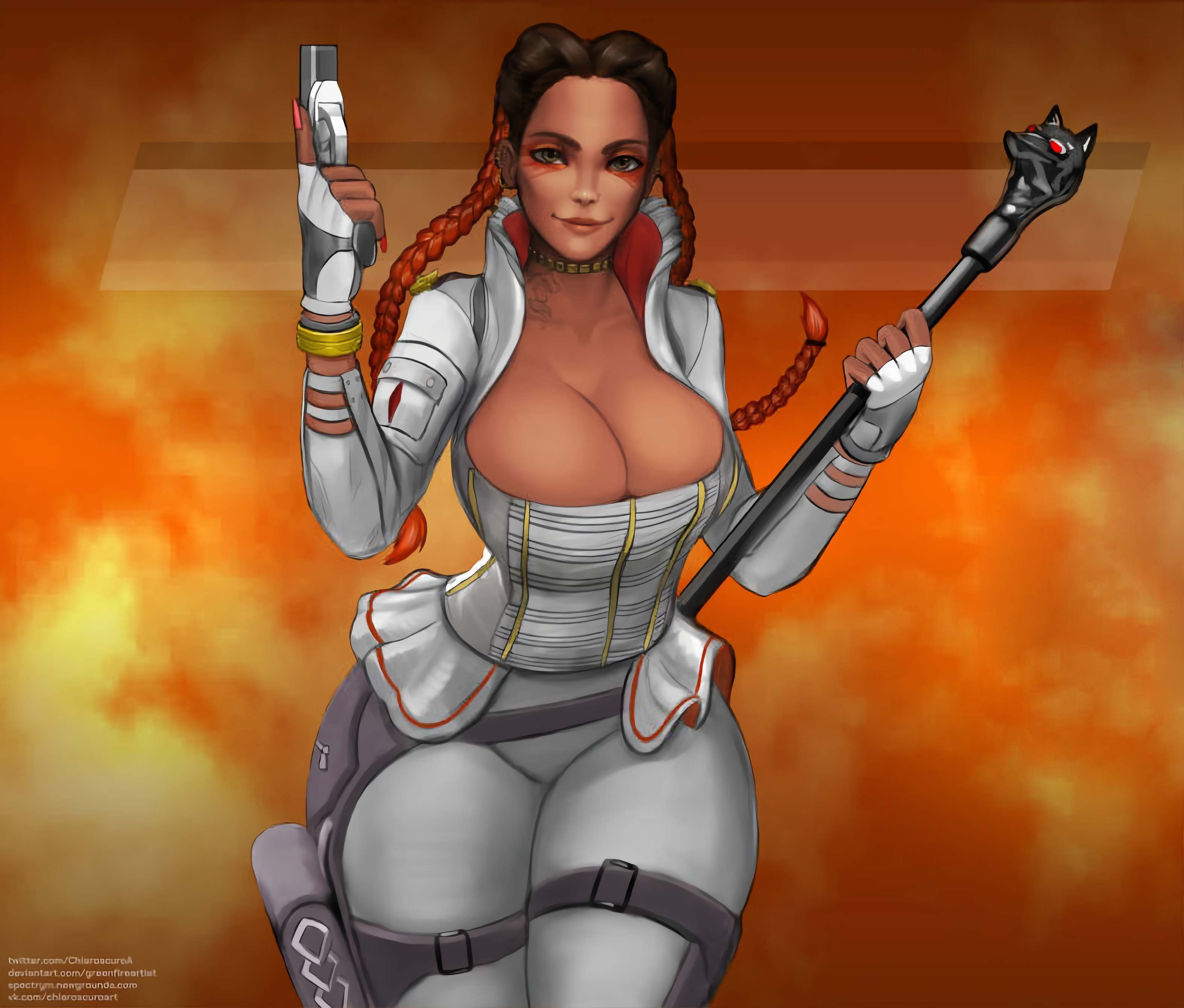 2d, apex legends, ass, belt, big ass, big breasts, big butt, breast hold, breast squeeze, breast squish, breasts, breasts out, bursting breasts, bursting butt, bursting clothes, female, gigantic ass, gigantic butt, holding weapon, hourglass figure, loba (apex legends), looking at another, looking at partner, looking at viewer, stretched clothing, thick, thick ass, thick hips, thick legs, thick thighs, tight clothes, tight clothing, tight pants, tights, unknown artist