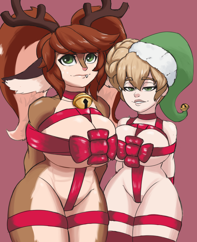 2girls anthro arms_behind_back bell_collar blizzard_entertainment blonde_hair bondage breasts brown_hair christmas christmas_elf christmas_hat christmas_outfit christmas_present chromie collar commission fawn_deer female female_only femsub furry gift_wrapped gnome gnome_(warcraft) green_eyes hair_buns holidays horns large_breasts league_of_legends light_bondage little_ddraig living_gift looking_at_viewer multiple_subs nervous_smile pale_skin pinup poppy pose posing presenting ribbon ribbon_bondage ribboned_body riot_games seductive_smile shortstack simple_background smug_face snaggle_tooth snow_fawn_poppy snowdown_series thick_thighs tied tied_up twintails warcraft winter_wonderland_series world_of_warcraft wrappings yordle