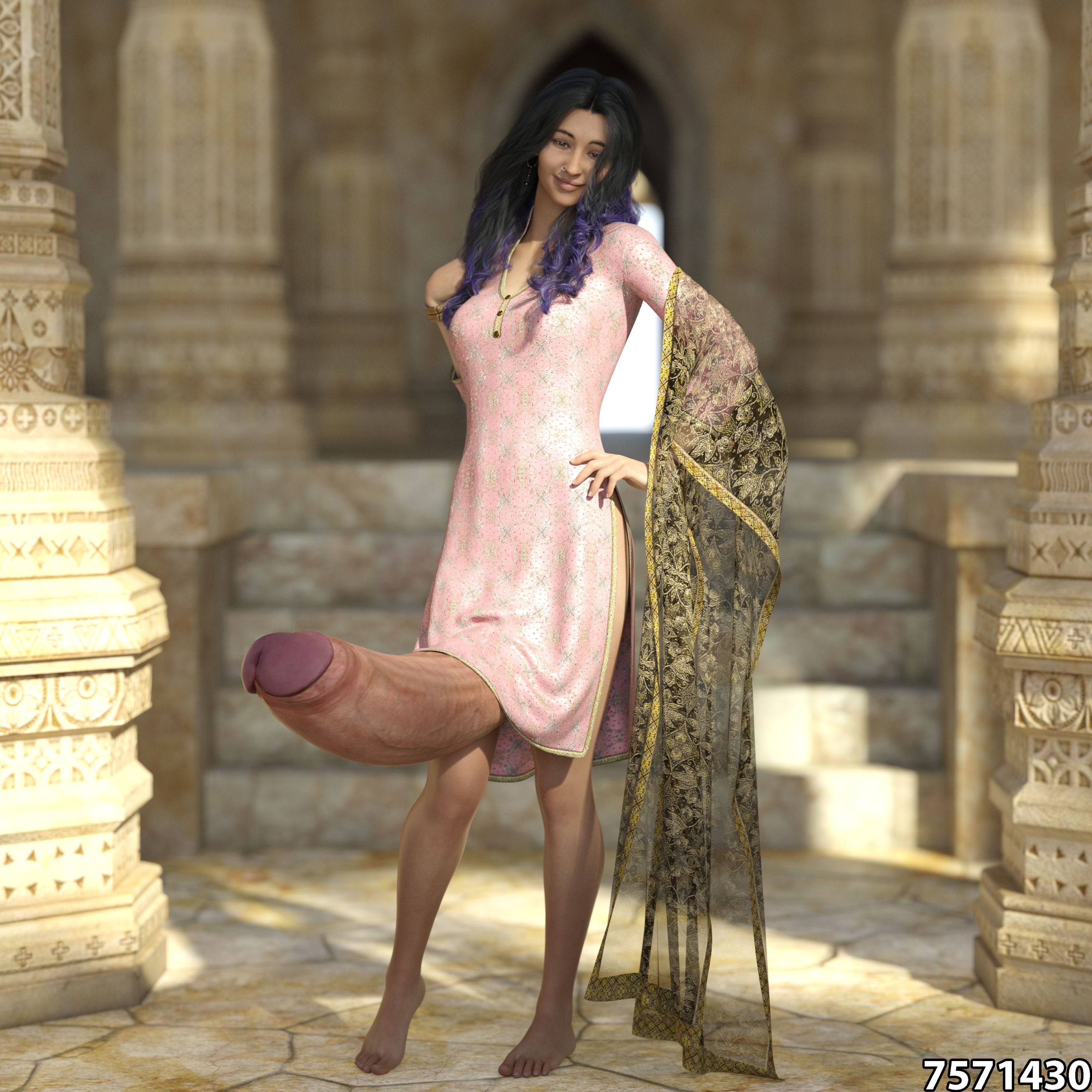 1futa, 3d, 3dcg, barefoot, chuchi, daz studio, daz3d, female, futa only, futanari, huge cock, hyper penis, indian, intersex, long hair, mature, mature female, nose piercing, nose ring, penis, saree