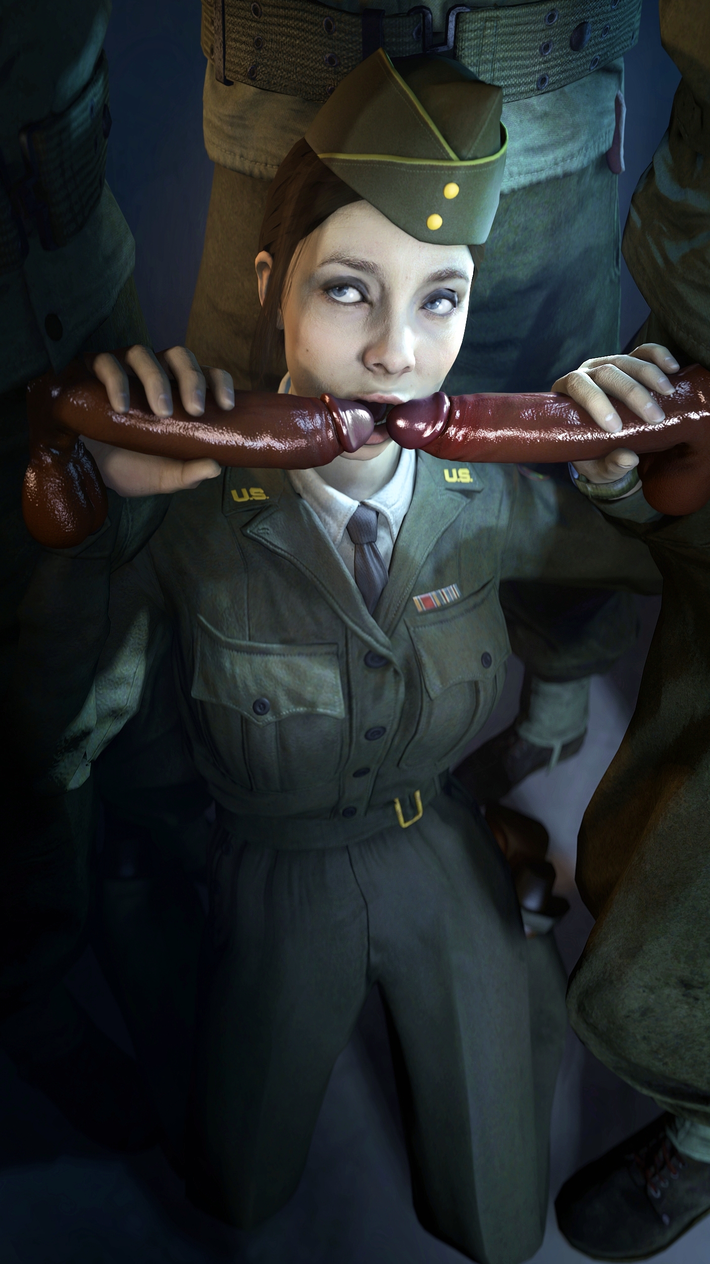 1girls, 3boys, 3d, akatomasu, before oral, before sex, big penis, blue eyes, brown hair, call of duty, call of duty ww2, clothed, clothing, corporal green, dark skin, dark-skinned male, female, female focus, fully clothed, grabbing penis, hand on penis, handjob, hi res, highres, holding penis, interracial, kneeling, light skin, light-skinned female, male, military, military hat, military uniform, necktie, on knees, open mouth, oral, penis, shirt, soldier, source filmmaker, tie, uniform, world war 2