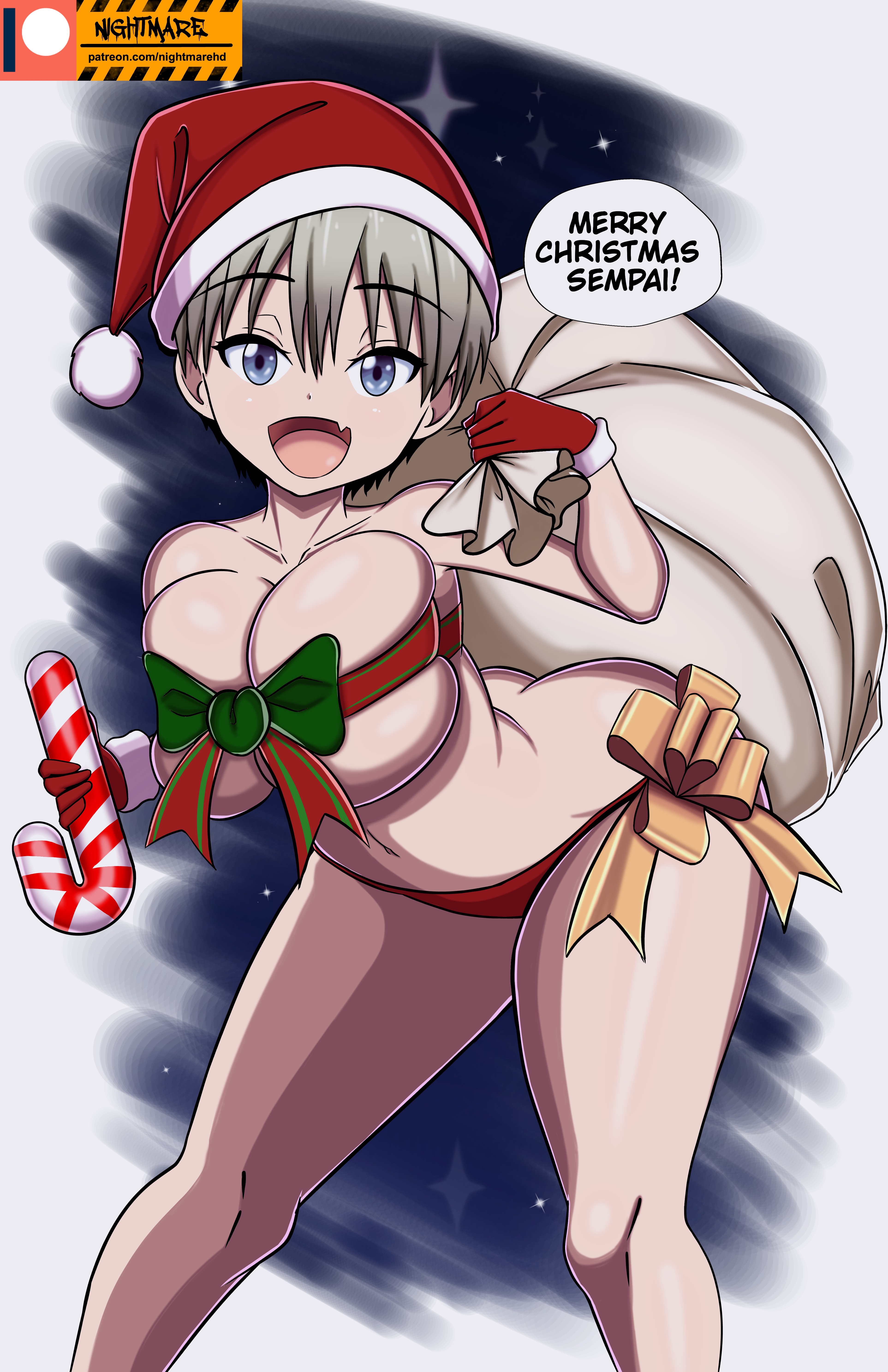 1girls, absurd res, ass, big breasts, bikini, blue eyes, breasts, christmas, eye contact, female, grey hair, high resolution, huge breasts, looking at viewer, nightmare hdraw, santa hat, short hair, solo, speech bubble, standing, text, thick thighs, thighs, uzaki hana, uzaki-chan wa asobitai!