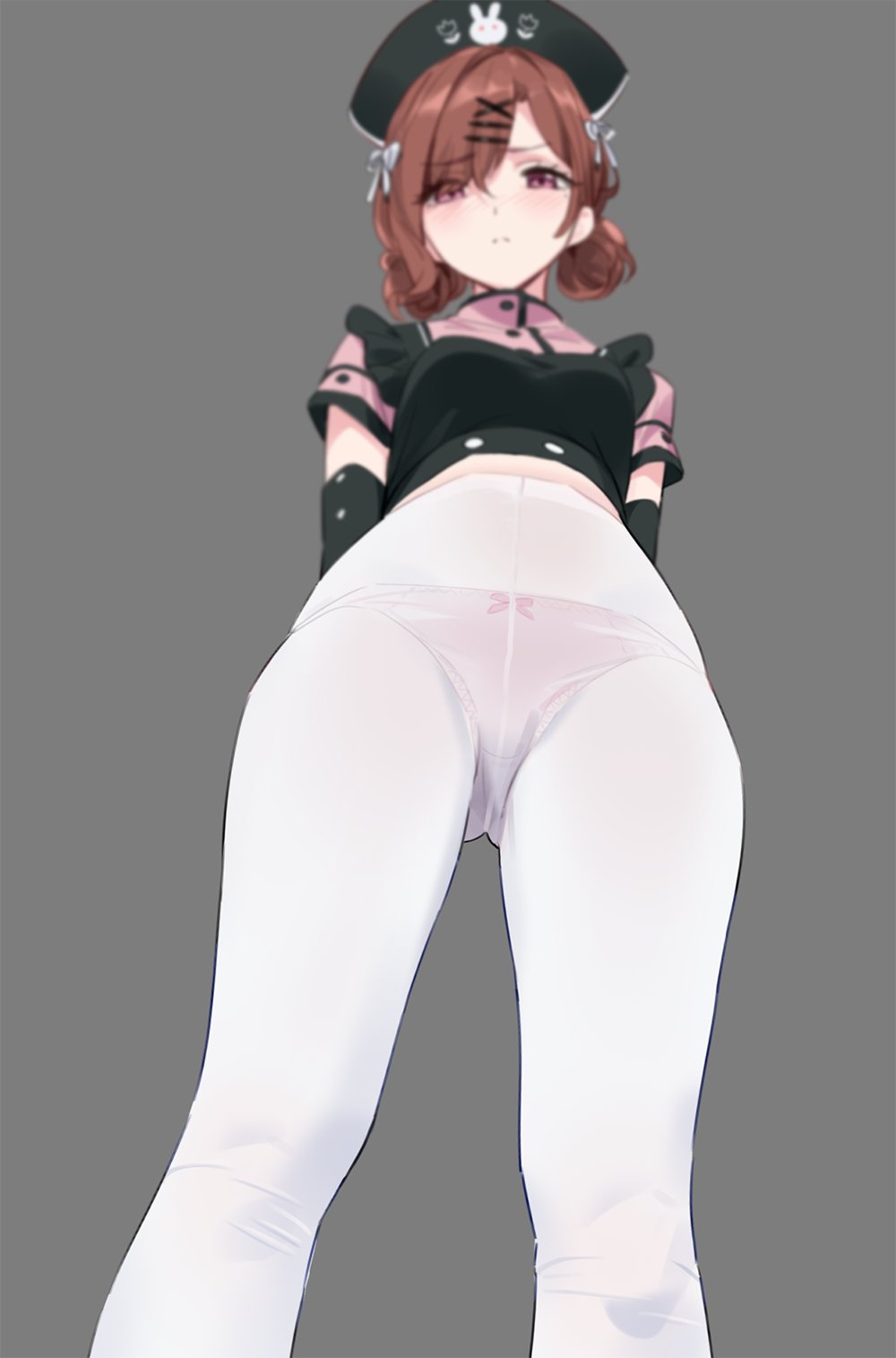 alternate costume, bangs, belt, black dress, black gloves, black hair, blush, bow, bow panties, breast pocket, breasts, brown hair, double bun, dress, dutch angle, elbow gloves, eyebrows visible through hair, female, frills, from below, gloves, hair ornament, hairclip, hat, highres, higuchi madoka, idolmaster, idolmaster shiny colors, light purple eyes, long sleeves, looking at viewer, looking down, medium breasts, mole, mole under eye, no pants, nurse, nurse cap, panties, panties under pantyhose, pantyhose, parted bangs, parted lips, pinafore dress, pink panties, pink shirt, pocket, shirt, short hair, short sleeves, simple background, skirt, solo, standing, swept bangs, symbol-only commentary, syringe, thighs, turtleneck, underwear, white legwear, x hair ornament, yd (orange maru)