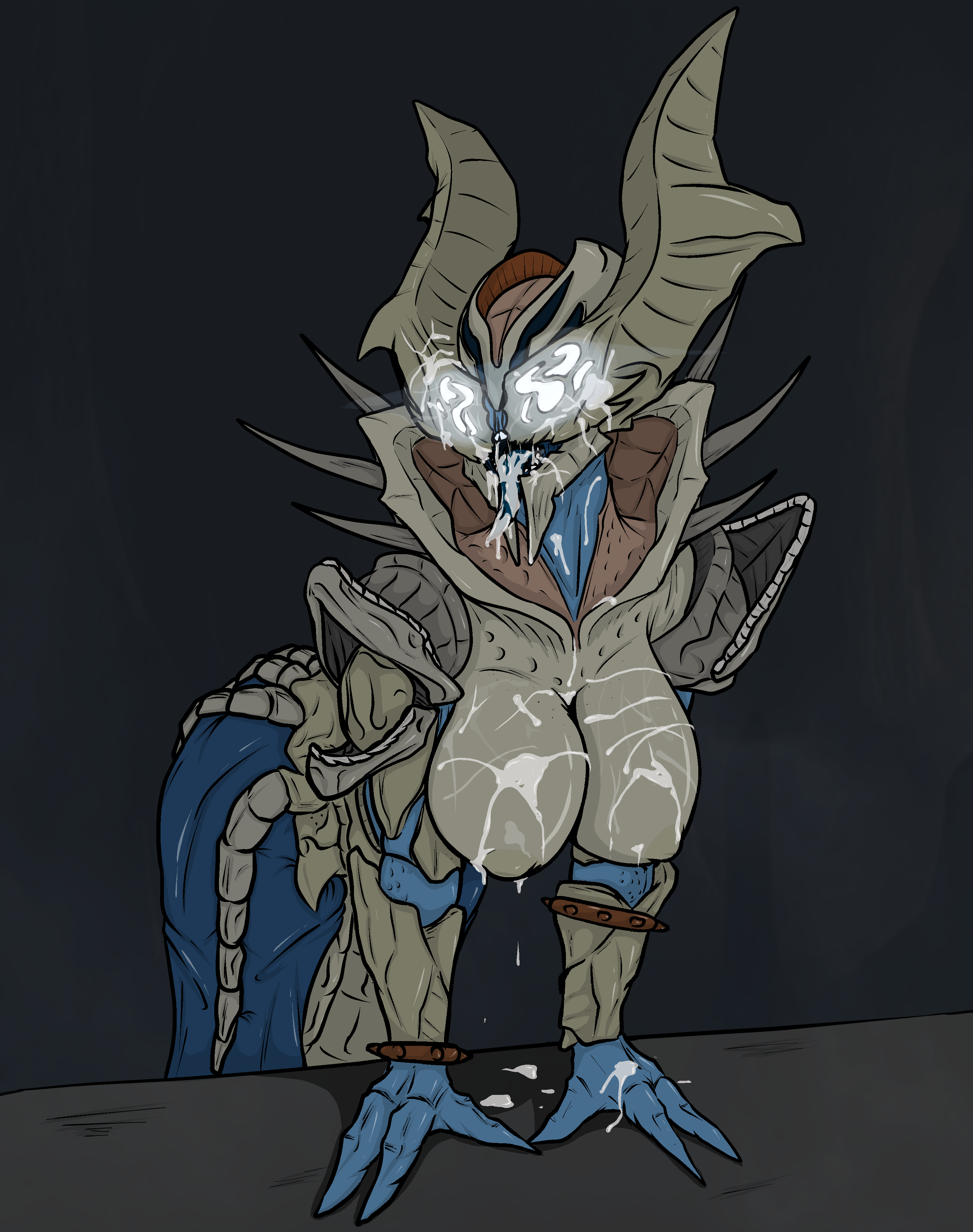 2014, 3 fingers, absurd res, alien, alien humanoid, blue tongue, bodily fluids, breasts, bungie, cum, cum drip, cum on breasts, cum on face, cum on tongue, destiny (game), dripping, female, fingers, genital fluids, glowing, glowing eyes, grey body, hi res, hive (destiny), horn, humanoid, leaning, leaning forward, methados, monster girl, portrait, solo, spikes, three-quarter portrait, tongue, tongue out, wizard (destiny)