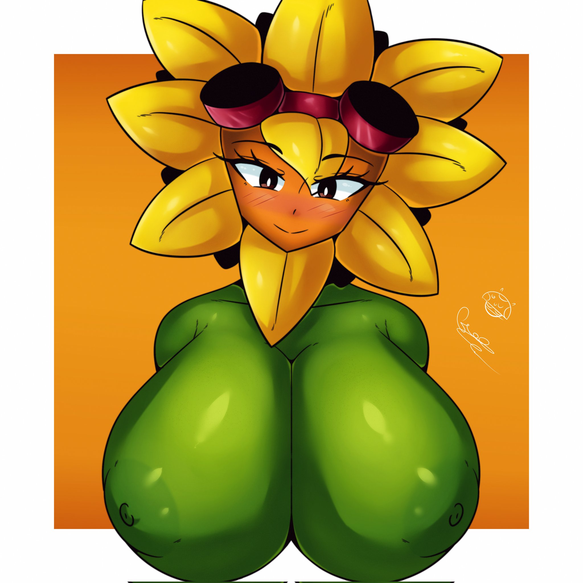 1girls, anthro, anthro only, anthrofied, areola, areolae, bare shoulders, big breasts, blush, blushing, breasts, brown eyes, cleavage, eyebrows, eyelashes, facing viewer, female, female only, flora fauna, flower, flower petals, front view, green skin, huge breasts, humanoid, large breasts, looking at viewer, naked, nipples, nude, nude female, nudity, plant, plant girl, plant humanoid, plantie, plants vs zombies, popcap, pvz, seductive, seductive eyes, seductive look, seductive smile, simple background, smile, smiling, smiling at viewer, solar flare (pvz), solo, solo female, sunflower, sunflower (pvz), top heavy, topless, tr yithaz, upper body, voluptuous, watermark