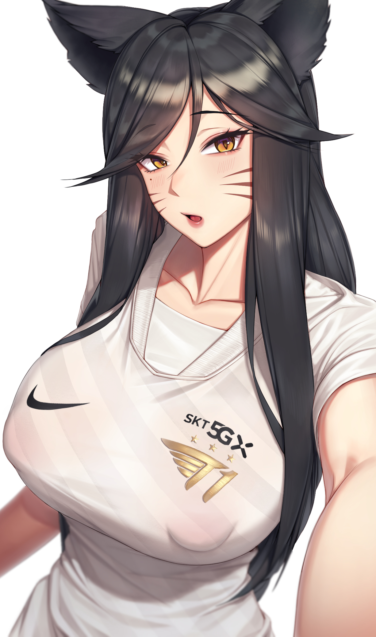 1girls, 2d (artwork), ahri, black hair, blush, breasts, erect nipples, female, fox ears, fox girl, large breasts, league of legends, looking at viewer, milfxxxiii, mole, mole under eye, nipples, no bra, riot games, see-through, selfie, shirt, skt t1, t-shirt, whiskers, white shirt, yellow eyes