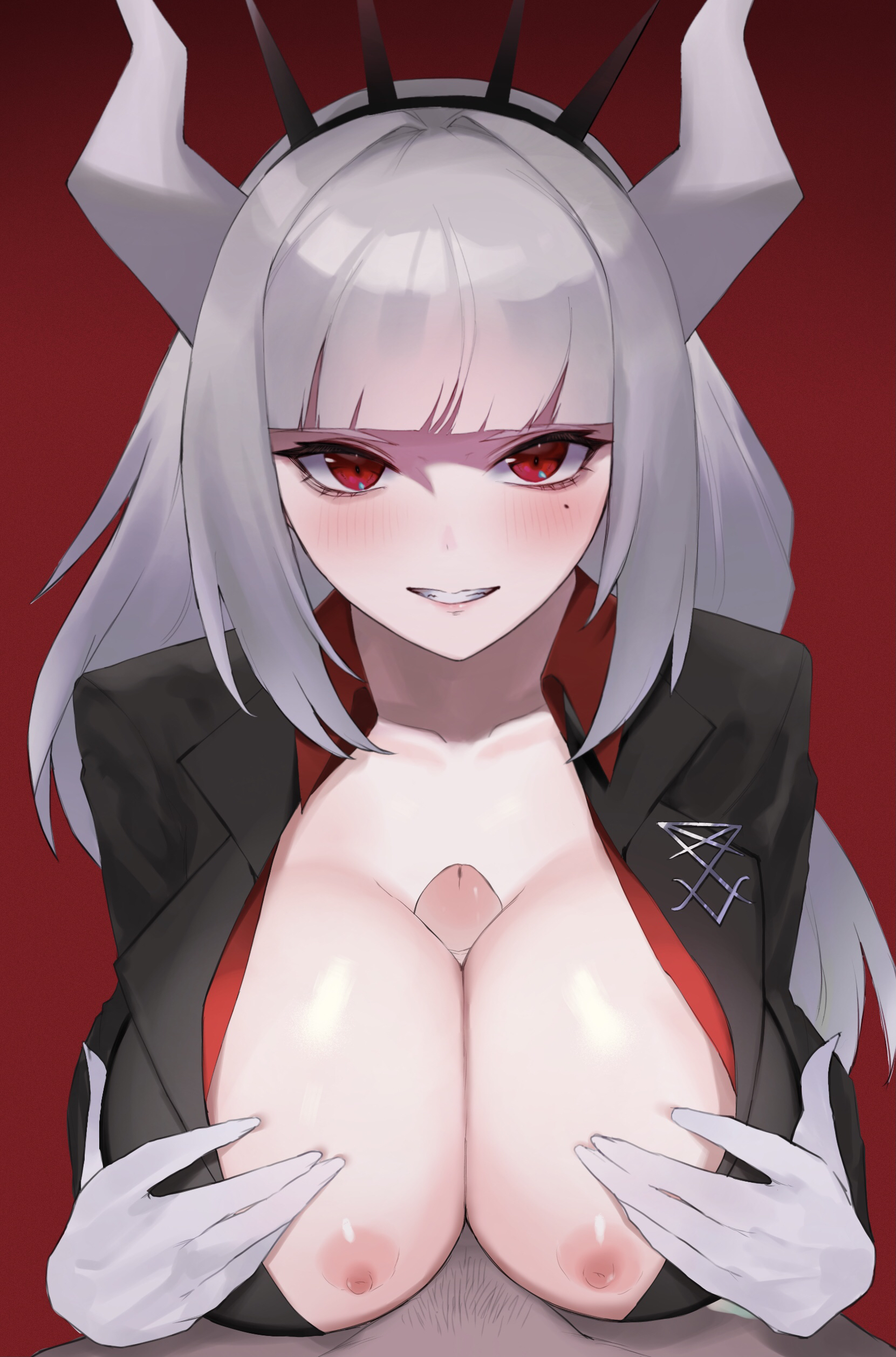 1boy, 1girls, 2021, areolae, beauty mark, black clothing, blush, breasts, business suit, demon, demon girl, demon horns, erect nipples, female, helltaker, hi res, horns, huge breasts, kataku musou, large areolae, large penis, light skin, light-skinned female, long hair, lucifer (helltaker), male, male pov, mole under eye, nipples, open clothes, paizuri, pale skin, pale-skinned female, penis, penis between breasts, penis tip, pov, red background, red eyes, simple background, suit, titjob, uncensored, white hair