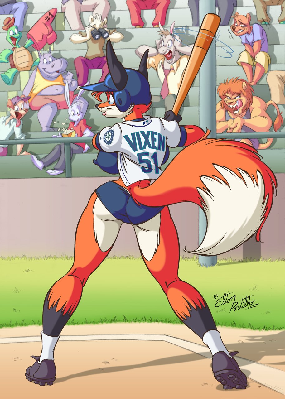 ass, baseball, baseball bat, baseball cap, canine, clothed, clothing, eltonpot, erect nipples, female, female focus, fox, fur, furry, hippopotamus, lion, nipple bulge, nipples, rabbit, solo focus, tagme, tail, tomboy, turtle