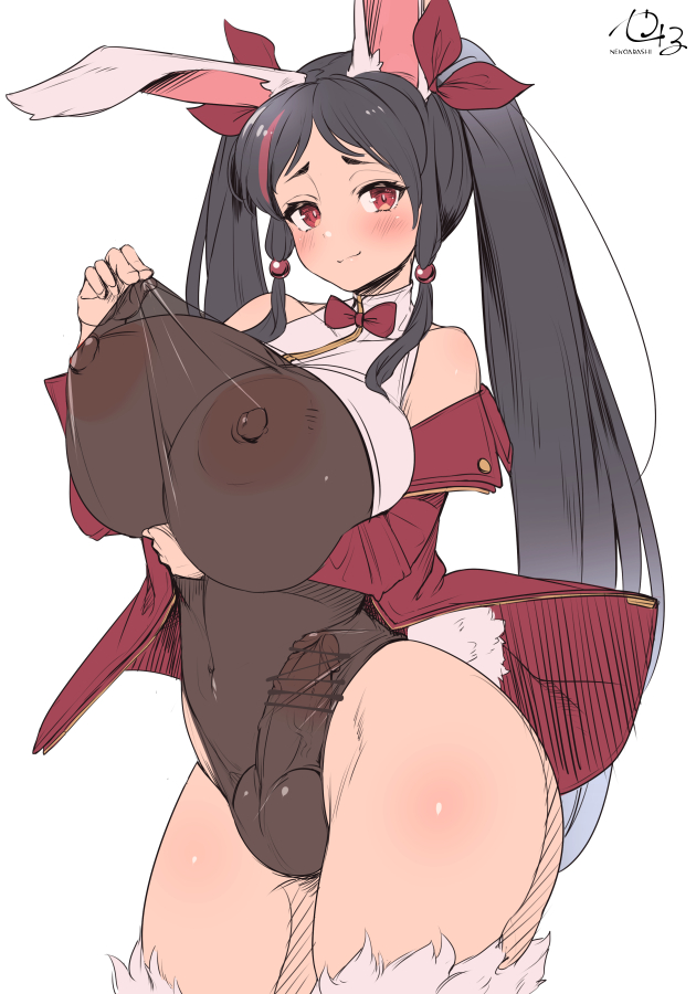1futa, 2d (artwork), animal ears, areolae, balls, bar censor, big breasts, big penis, black hair, blush, breasts, bunny ears, bunnysuit, censored, clothed, clothing, erection, futa only, futanari, horny, humanoid, intersex, kemonomimi, large breasts, leotard, light skin, light-skinned futa, long hair, looking at viewer, mostly clothed, nipples, penis, penis under clothes, red eyes, see-through, see-through clothing, solo, standing, tagme, testicles, twintails, wide hips, yana (nekoarashi)
