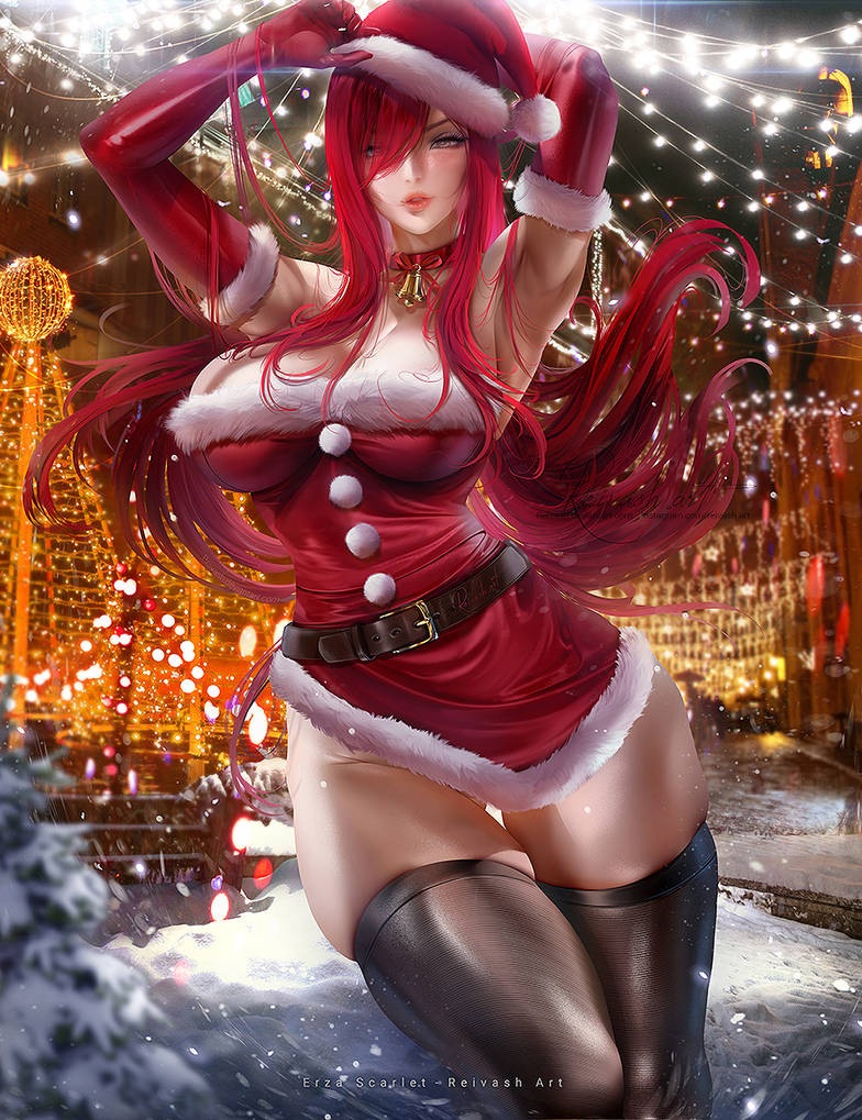 1girls 2d_(artwork) bedroom_eyes bell bell_collar belt big_breasts blush brown_eyes building christmas christmas_clothing christmas_lights christmas_outfit christmas_tree collar cowboy_shot curvaceous curvy curvy_figure elbow_gloves erza_scarlet facing_viewer fairy_tail fur_trim hands_behind_head hi_res holidays huge_breasts large_breasts light-skinned_female lipstick long_hair looking_at_viewer makeup night no_bra no_panties outdoors pale-skinned_female pine_tree red_clothing red_dress red_elbow_gloves red_gloves red_hair red_lipstick reivash santa_costume santa_hat seductive seductive_eyes seductive_look short_dress skindentation snow solo standing stockings strapless_dress thick_thighs thigh_gap thighhighs thunder_thighs voluptuous white_outline window