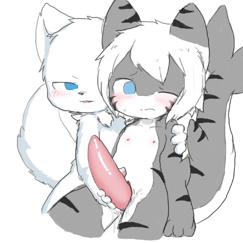 blue_eyes blush changed_(video_game) changed_fan_artist colin_(changed) furry gay lin_(changed) nipples penis shark_(changed) tiger_shark_(changed) white_hair