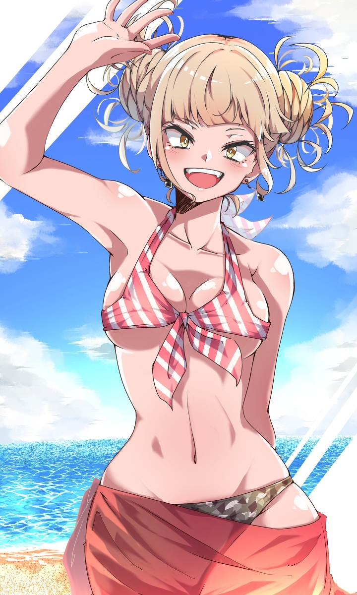 1girls bare_shoulders beach bikini blonde_female blonde_hair blush cleavage double_bun fangs female female_only himiko_toga my_hero_academia open_mouth shinonome_mozuku short_hair smile stomach swimsuit yellow_eyes