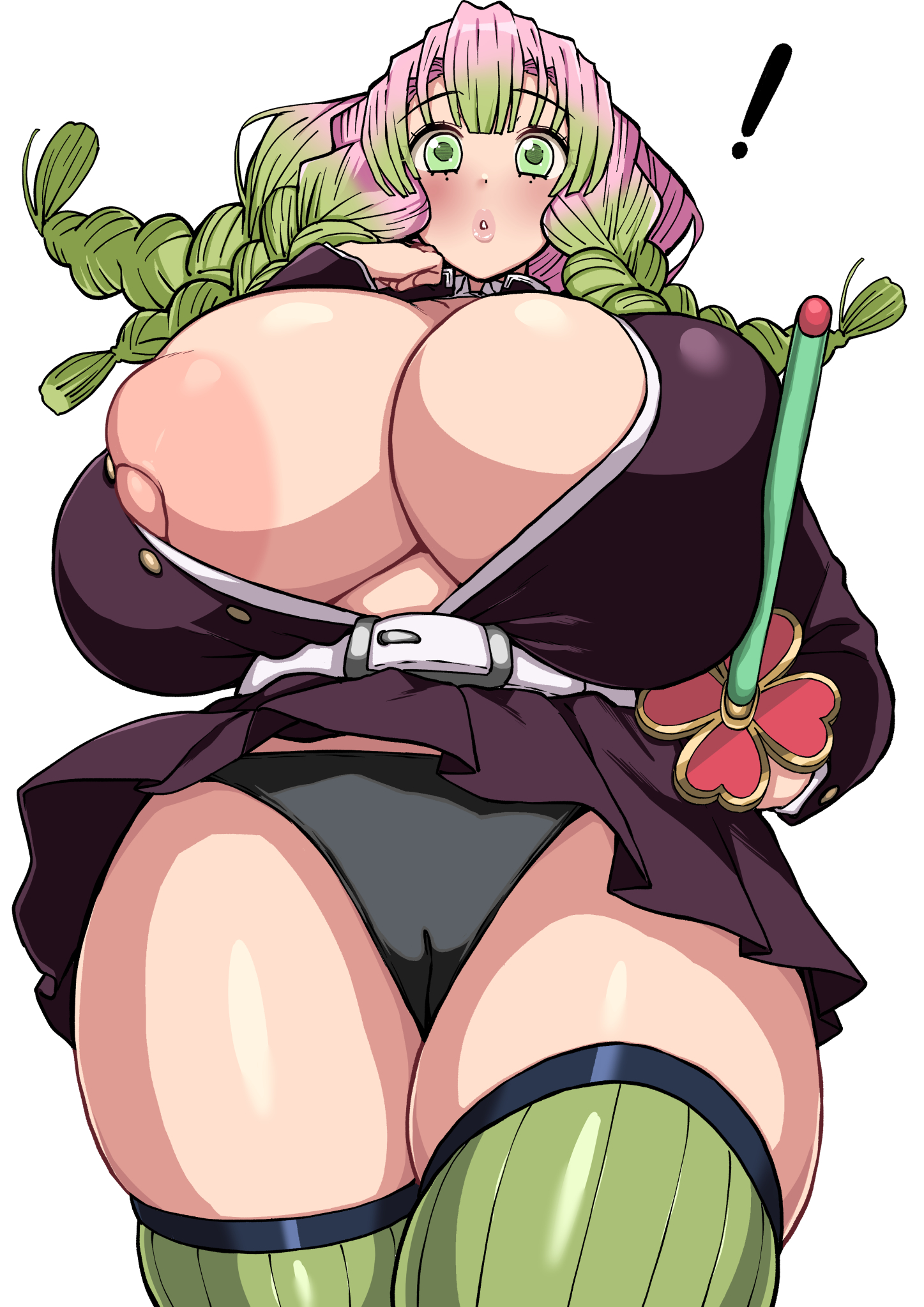 !, 1girls, areolae, bangs, big breasts, black panties, braided hair, breasts, bursting breasts, cameltoe, curvaceous, curvy, demon slayer, eye contact, female, female only, green eyes, huge areolae, huge breasts, kanroji mitsuri, kimetsu no yaiba, komusou (jinrikisha), large areolae, long hair, looking at viewer, low-angle view, massive breasts, mole under eye, nipple slip, nipples, no bra, open shirt, panties, pink hair, pleated skirt, pussy, solo, stockings, sword, thick thighs, thighhighs, thighs, thunder thighs, twin braids, two-tone hair, uniform, upskirt, wardrobe malfunction, wide hips, zettai ryouiki