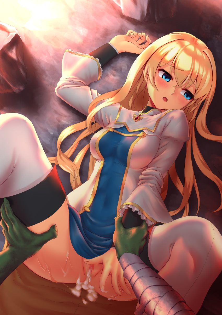 .357-inch, after sex, blonde hair, blue eyes, broken rape victim, censored, censored pussy, cum, cum inside, dungeon, female, goblin, goblin male, goblin slayer, male, priestess (goblin slayer), pussy, rape, semen, sex, sunset, virginity loss