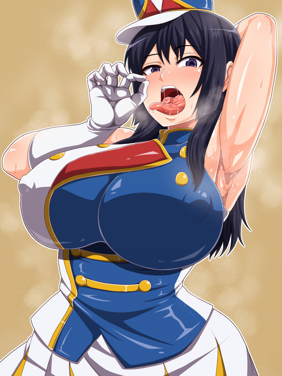 2d arm_behind_head armpits assertive black_hair breasts brown_background covered_nipples curvaceous erect_nipples erect_nipples_under_clothes fellatio_gesture female gloves hat hibike!_euphonium high_resolution huge_breasts keke_(kekekue) kousaka_reina large_breasts long_hair looking_at_viewer marching_band marching_uniform nipples one_arm_up open_mouth oral_invitation purple_eyes saliva sexually_suggestive shiny shiny_clothes shiny_skin solo steam sweat tongue tongue_out white_gloves wide_hips