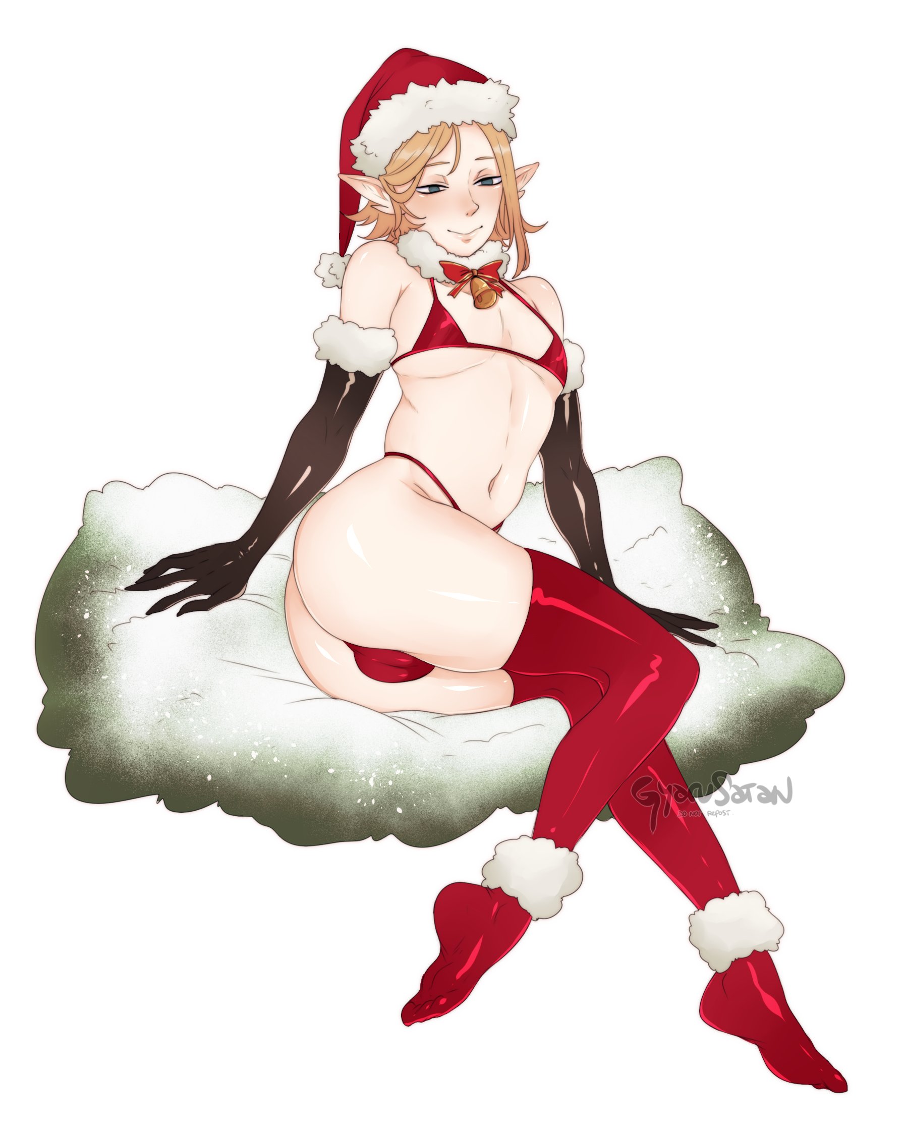 1boy, armwear, bikini, blonde hair, christmas, christmas headwear, christmas outfit, elf, elf ears, femboy, girly, gyarusatan, hi res, male, male only, narrowed eyes, neck bell, on side, original, original character, penis, penis bulge, pointy ears, red thighhighs, sitting, smile, solo, solo male, thighhighs, trap, white background