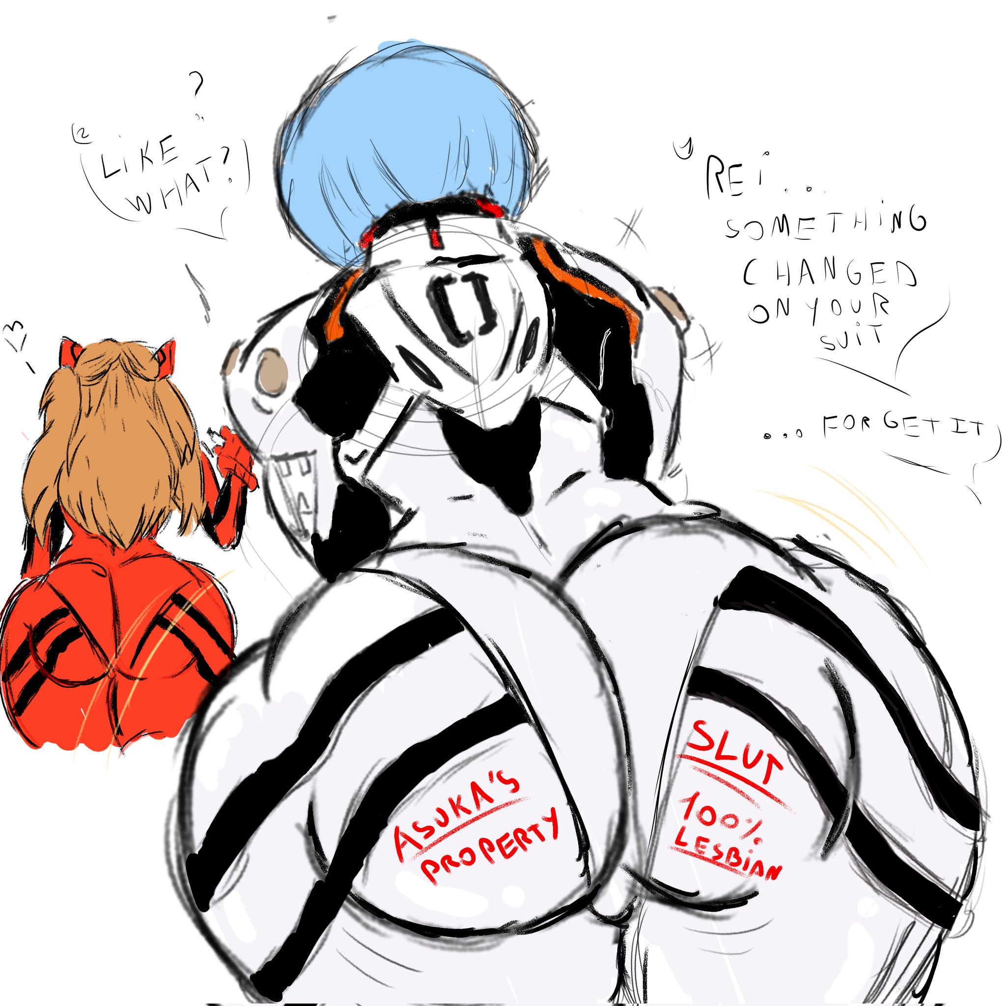 2girls, alternate ass size, ass, asuka langley sohryu, big ass, blue hair, bodysuit, breasts, clothing, curvy, english text, female, huge ass, human, long hair, mister artist, neon genesis evangelion, orange hair, pilot suit, plugsuit, rei ayanami, short hair, sketch, text, thick thighs, voluptuous, wide hips, writing on ass, yuri