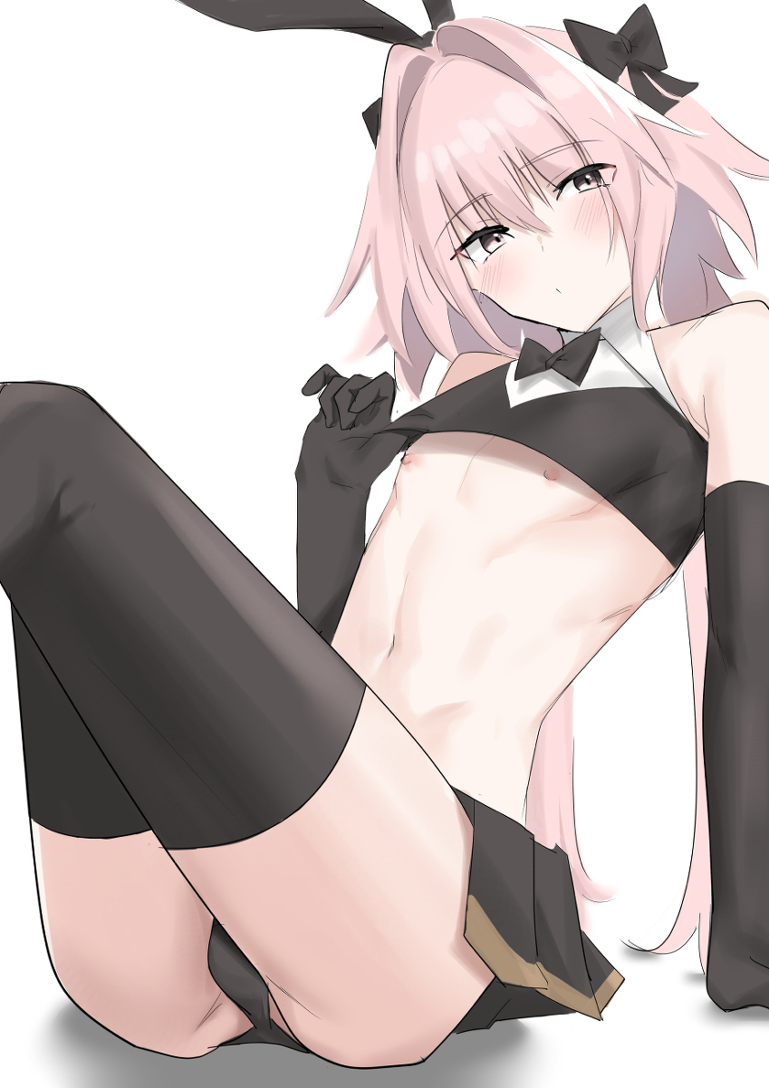 1boy, 2d (artwork), arm support, astolfo (fate), bangs, bare shoulders, black bow, black gloves, blush, bow, bowtie, bulge, eyebrows visible through hair, fate (series), fate/grand order, femboy, foolfool 45, girly, gloves, hair intakes, hairbow, hi res, looking at viewer, male, male focus, navel, nipples, pink hair, pleated skirt, pulled by self, rabbit ears, simple background, skirt, solo, thighs, trap, white background