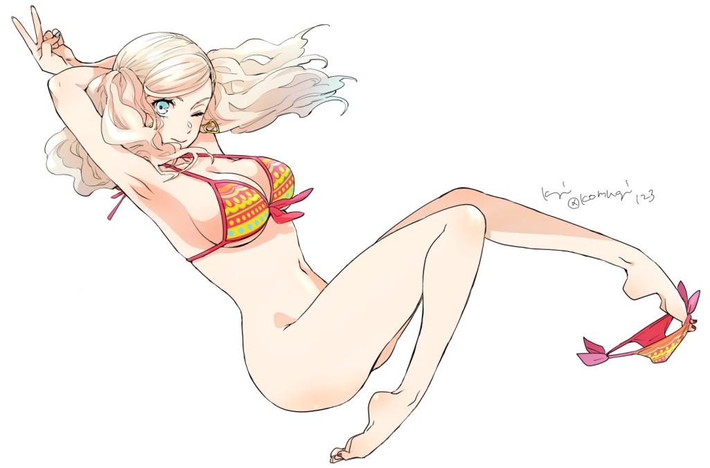 ann takamaki, bikini, bottomless, female, panties around leg, peace sign, persona, persona 5