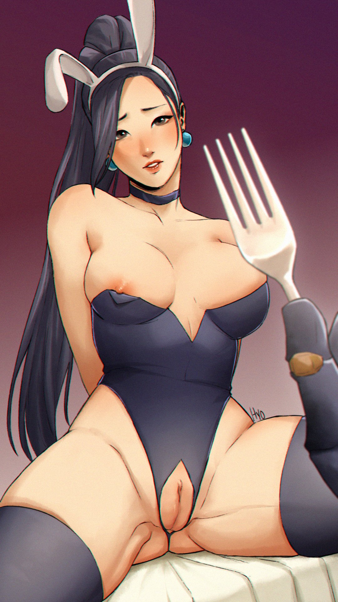 2d (artwork), bunny ears, bunnysuit, cypher (valorant), female, hhhyo, pussy, sage (valorant), solo female, tail, valorant