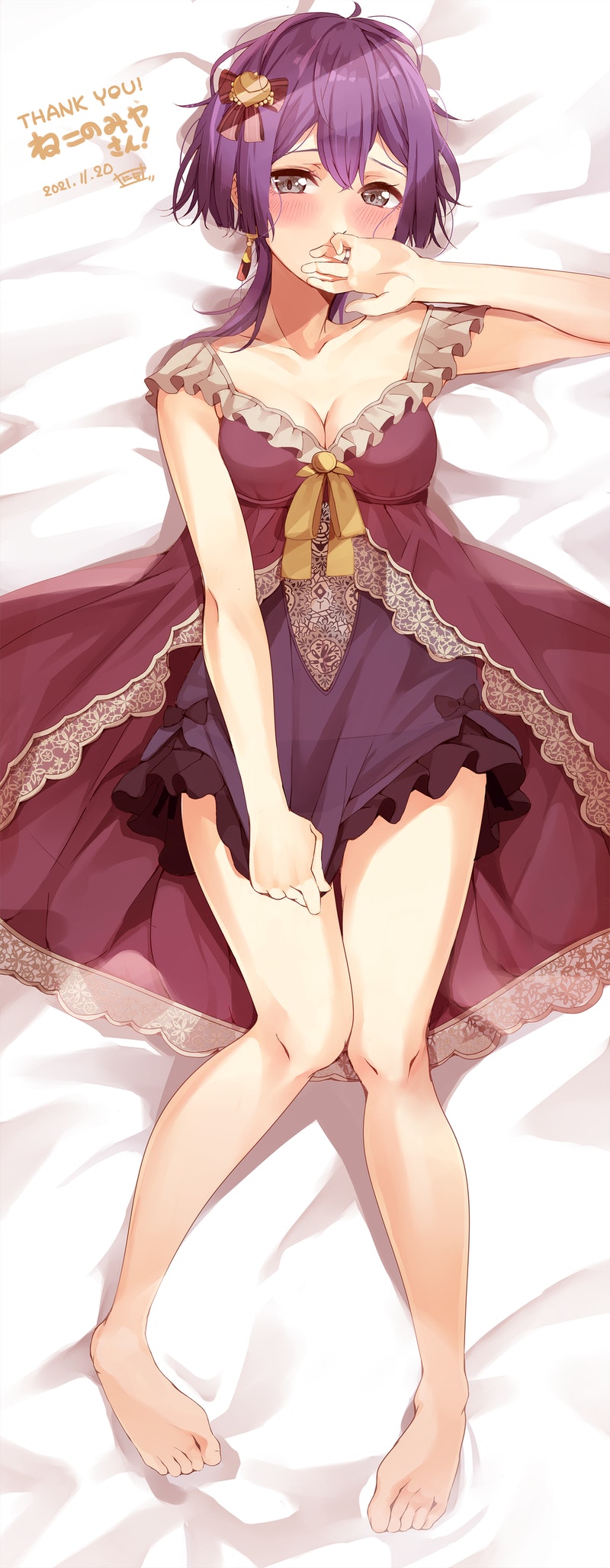 1girls, 2d (artwork), bare legs, bernadetta von varley, blush, breasts, cleavage, earrings, female, female only, fire emblem, fire emblem: three houses, grey eyes, hi res, looking at viewer, medium breasts, nintendo, niravira, on back, on bed, post-timeskip, purple hair, short hair, solo