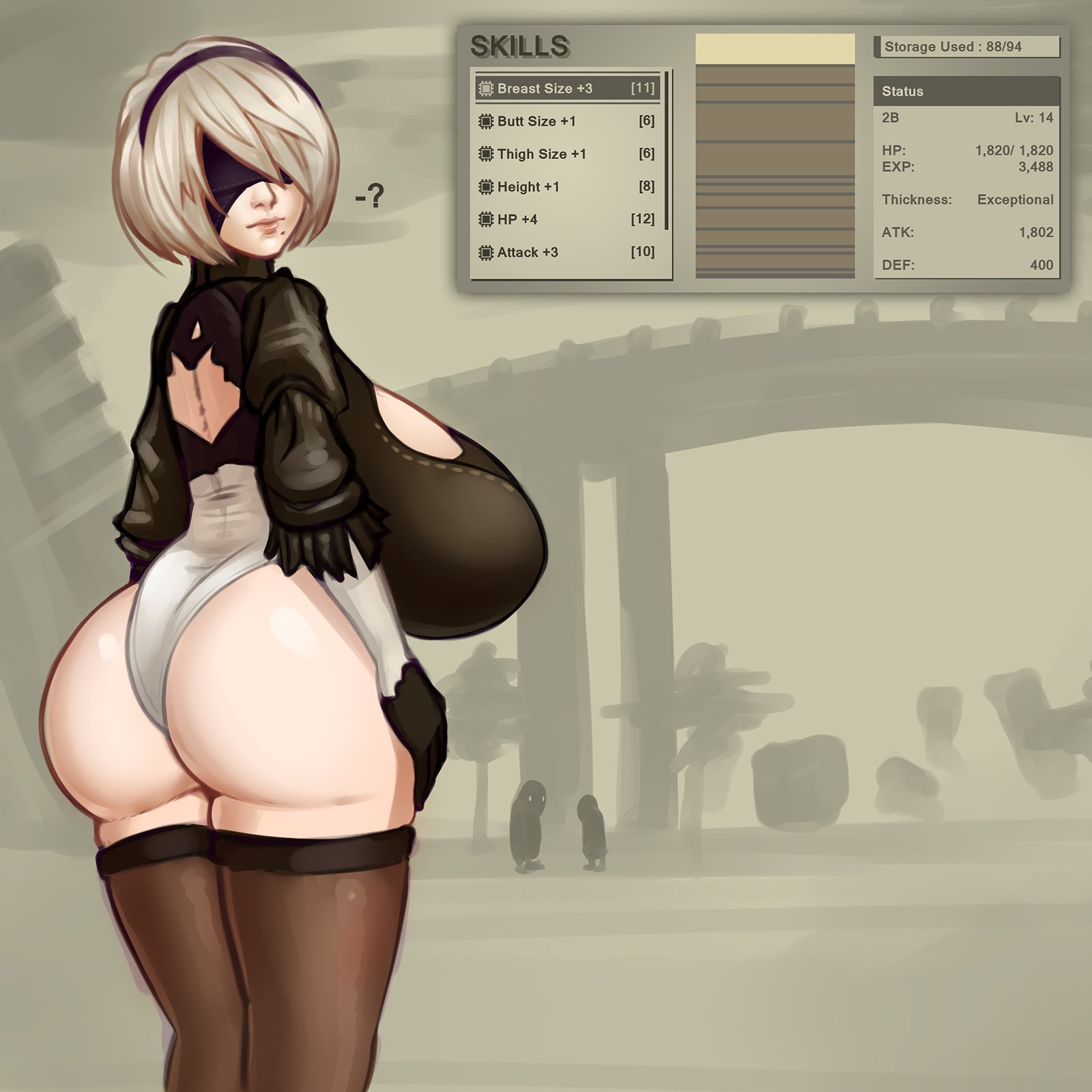 1girls, alternate breast size, ass, ass expansion, big ass, big breasts, blindfold, breast expansion, breast growth, breast growth (enlargement), breasts, degeneratepai, english text, expansion, female, female only, gigantic breasts, hud, huge ass, huge breasts, looking at viewer, nier: automata, simple background, solo, text, yorha 2b