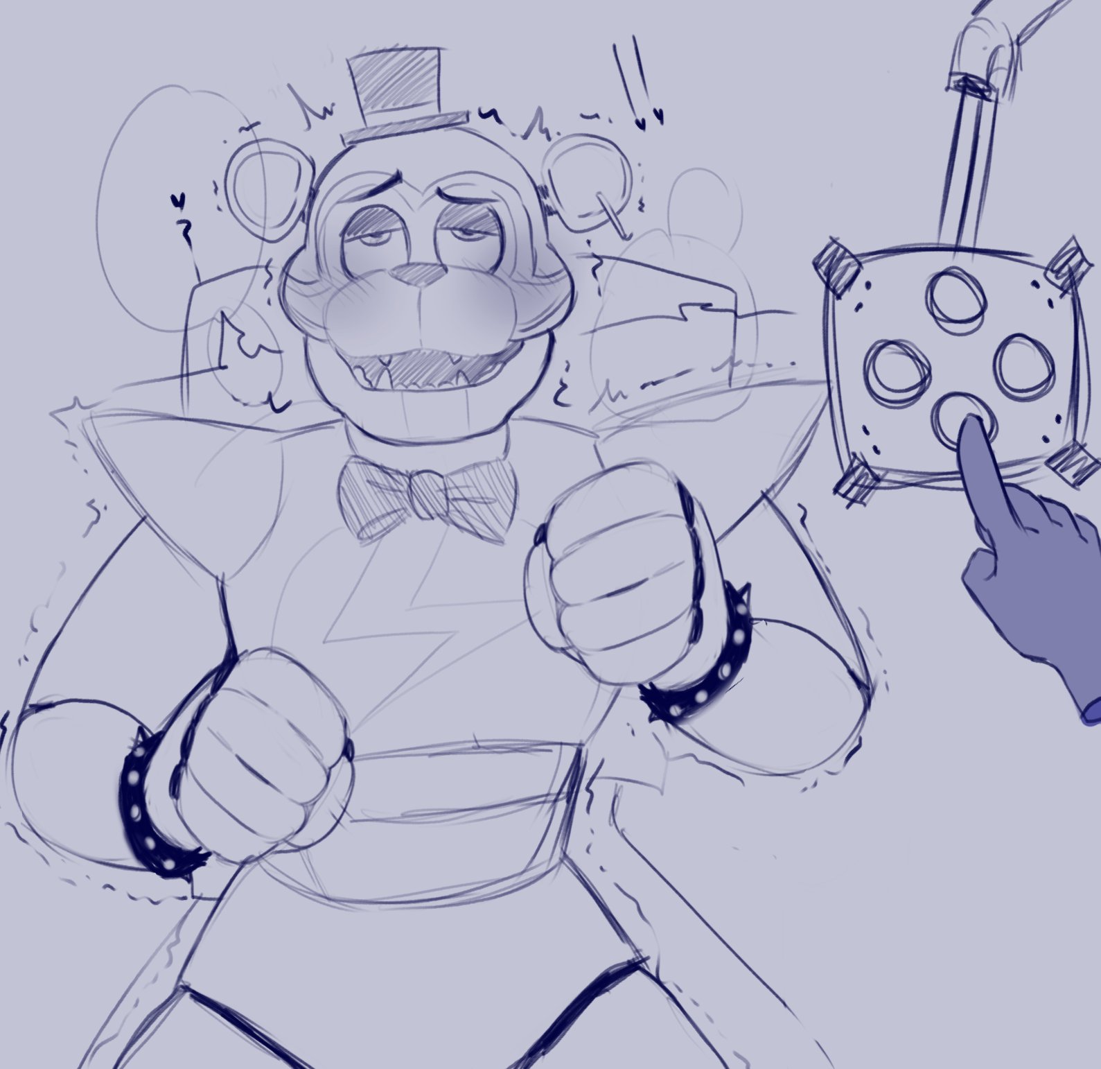 aroused, blush, blushing, bowtie, buttons, control panel, controller, disembodied hand, ear piercing, earring, faceless character, five nights at freddy's, five nights at freddy's: security breach, glamrock freddy (fnaf), looking pleasured, male, male focus, male only, no visible genitalia, pleasure face, put2littlemore, shaking, spiked bracelet, top hat, twitching, wrist cuffs