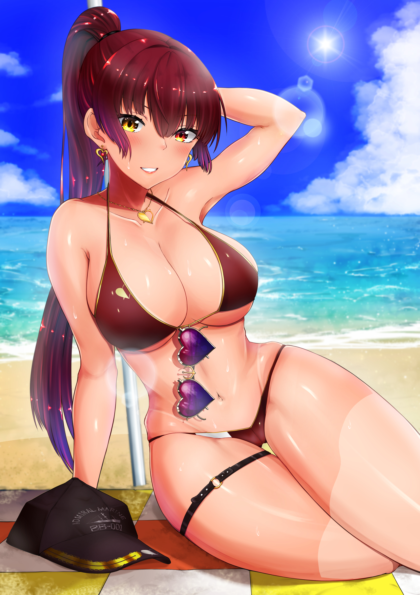 1girls, 2021, 2d (artwork), arm support, arm up, beach, belly, big breasts, bikini, blush, breasts, cleavage, collarbone, earrings, eyewear removed, female, female focus, female only, heterochromia, hololive, hololive fantasy, hololive japan, hourglass figure, houshou marine, jewelry, looking at viewer, migiiii channel, navel, ponytail, red bikini, red bikini bottom, red bikini top, red eye, red hair, seaside, smile, smiling, solo, solo female, sunglasses removed, thick thighs, thighs, virtual youtuber, yellow eye