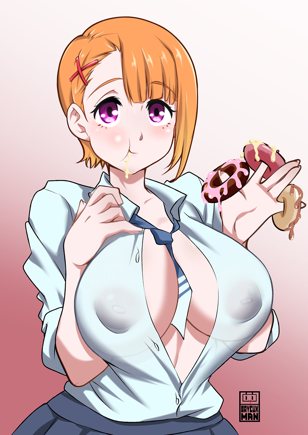 1girls, bayeuxman, big breasts, breasts, cream, donut, eye contact, female, large breasts, looking at viewer, mieruko-chan, nipple bulge, orange hair, pink eyes, school uniform, short hair, solo, upper body, yurikawa hana