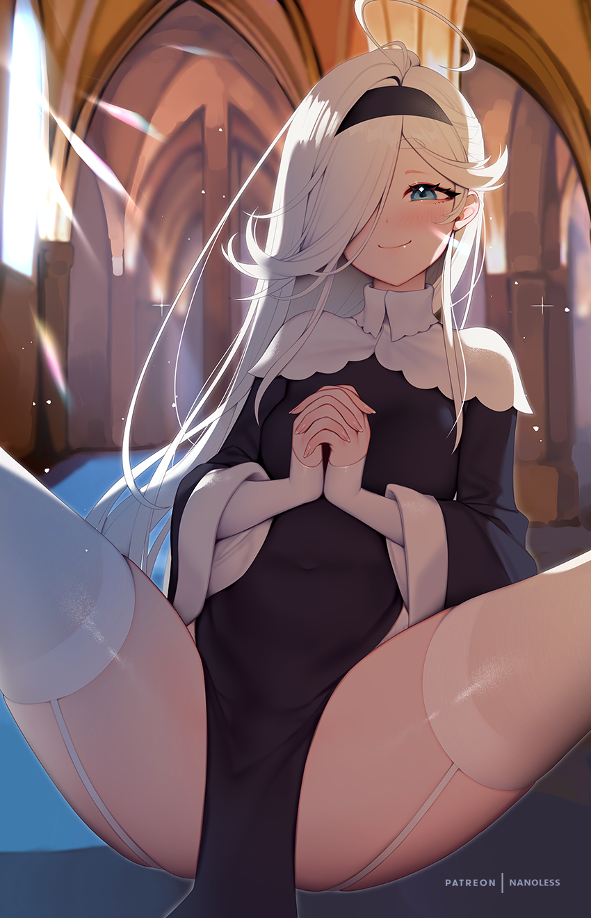 1girls 2d 2d_(artwork) ahoge angel_(nanoless) bangs black_dress black_hairband blue_eyes breasts church_interior closed_mouth commentary covered_navel cowboy_shot dress english_commentary female female_only garter_straps hair_over_one_eye hairband highres indoors long_hair looking_at_viewer nanoless one_eye_covered original own_hands_clasped own_hands_together patreon_username pelvic_curtain praying reward_available robe small_breasts smile solo spread_legs thighhighs white_garter_straps white_legwear