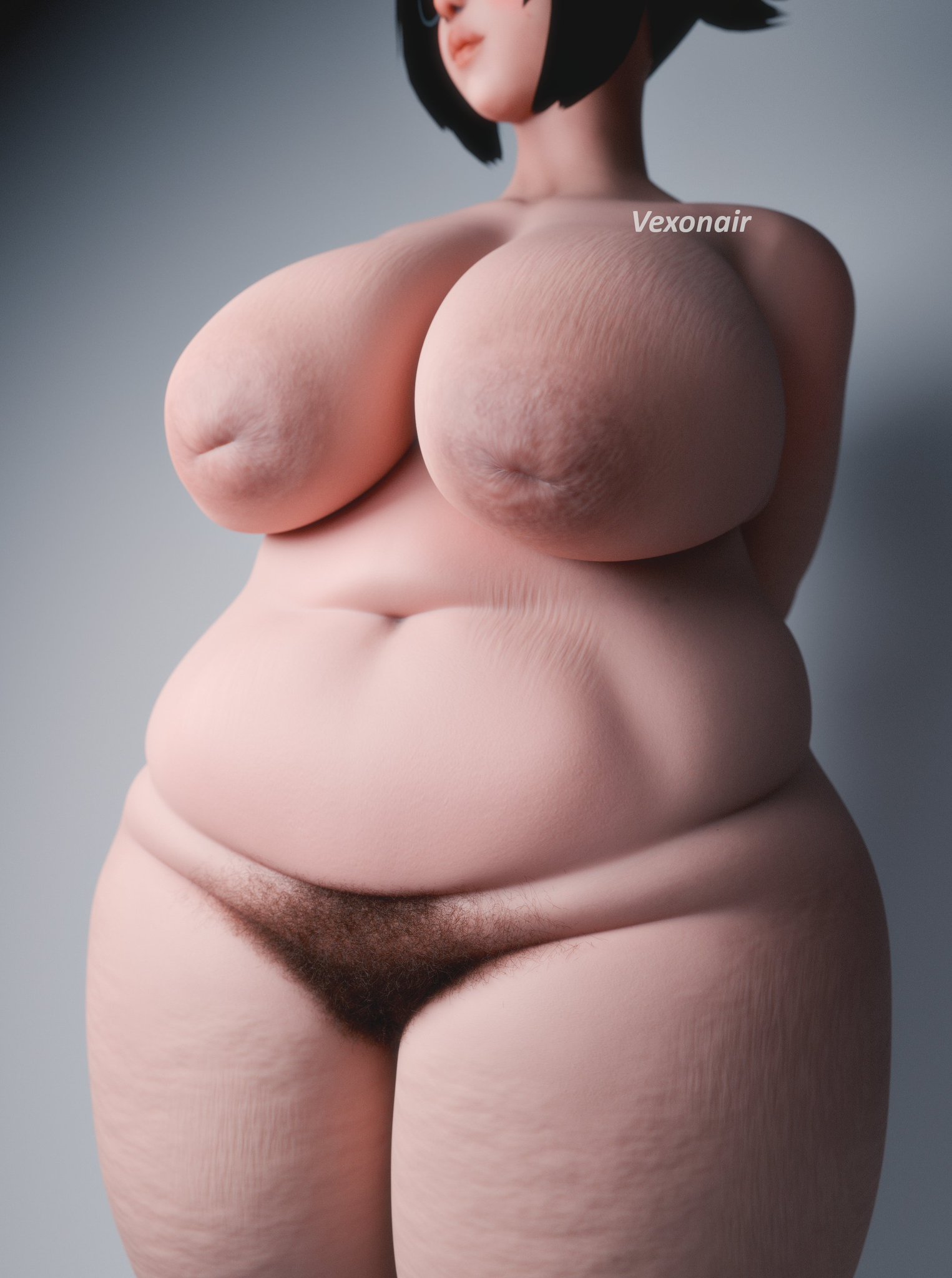 1girls, 3d, alternate version available, artist name, bbw, beauty mark, belly, belly overhang, big areola, brown hair, bush, carpet matching drapes, cellulite, chubby, chubby belly, chubby female, face out of frame, female, female only, glasses, huge breasts, inverted nipples, light skin, light-skinned female, love handles, medium hair, mei (overwatch), mei ling zhou, mei-ling zhou, mole, mole under eye, naked, naked female, nude, nude female, overwatch, overwatch 2, ponytail, pubic hair, simple background, solid color background, solo, stretch marks, thick thighs, tummy, vexonair, watermark, wide hips, wide thighs