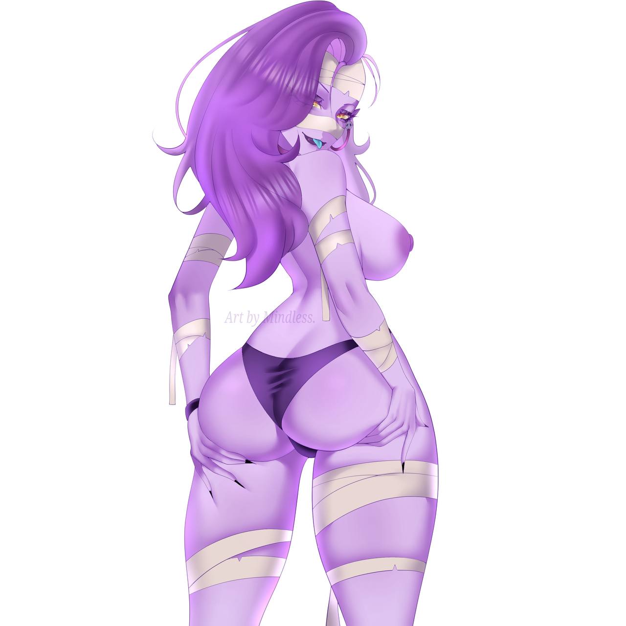 1girls, boobs, brawl stars, butt, emz (brawl stars), female, female only, hands on butt, long hair, looking back, mindless (artist), simple background, thick thighs, tongue out, violet hair